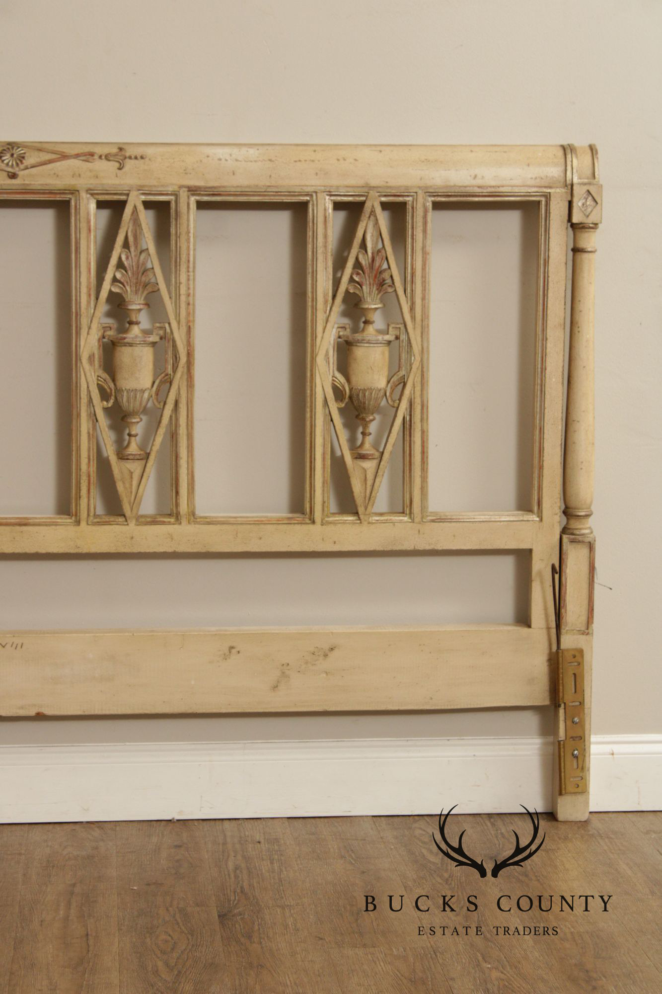 French Neoclassical Directoire Style Distress Painted King Headboard