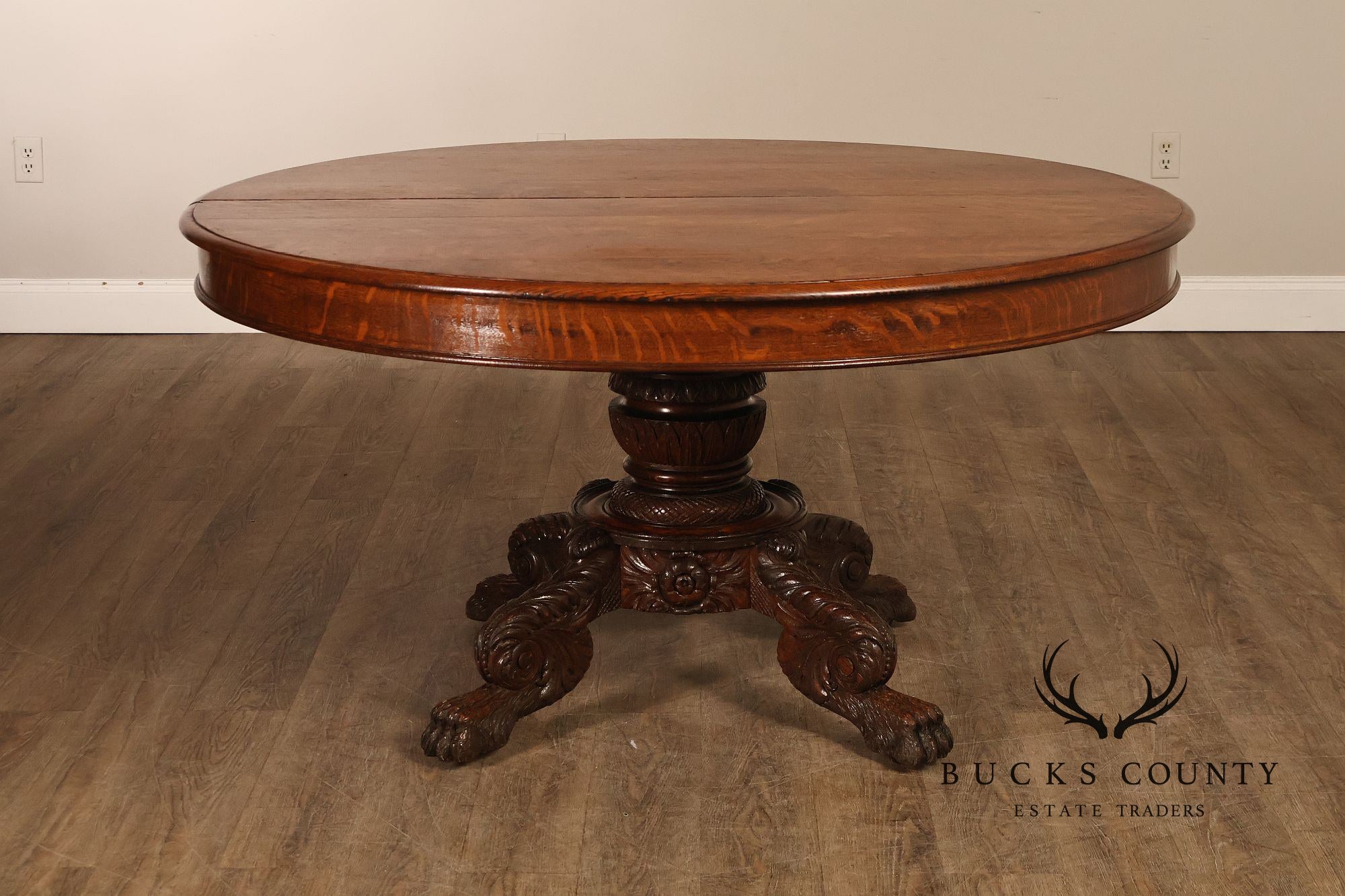 Antique 57 inch Round Oak Pedestal Dining Table With Carved Claw Feet