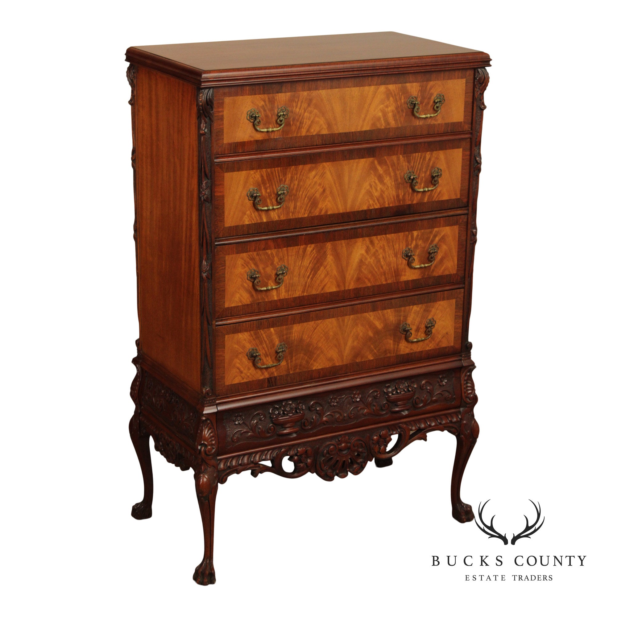 1930's Georgian Style Carved Mahogany Tall Chest