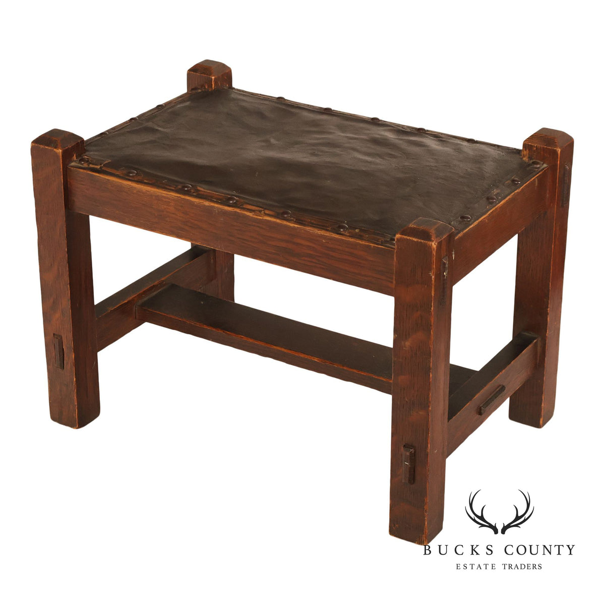 Arts And Crafts Oak Footstool With Leather Upholstered Seat