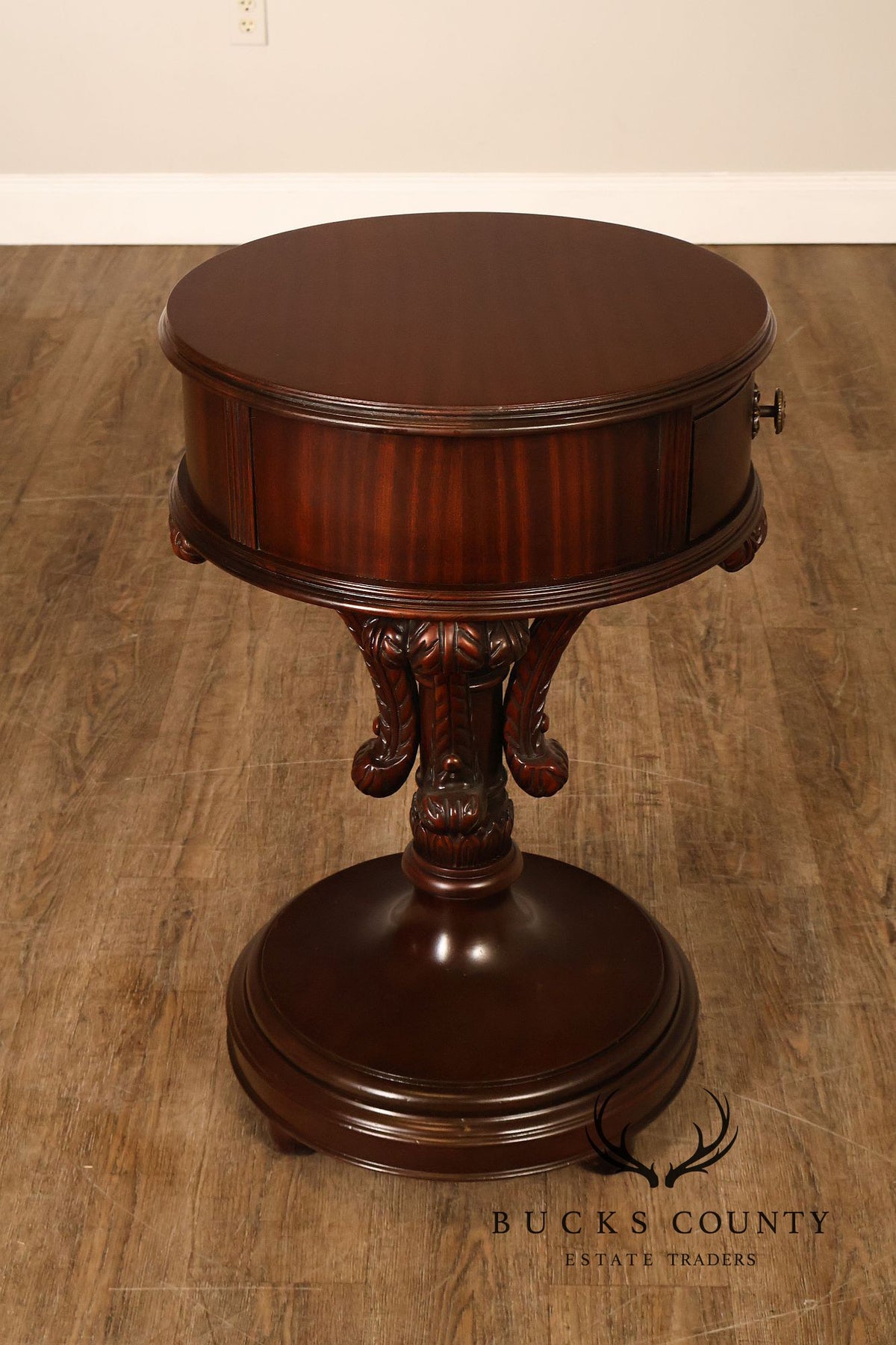 Carved Mahogany Pair Of Round Pedestal End Tables With A Drawer