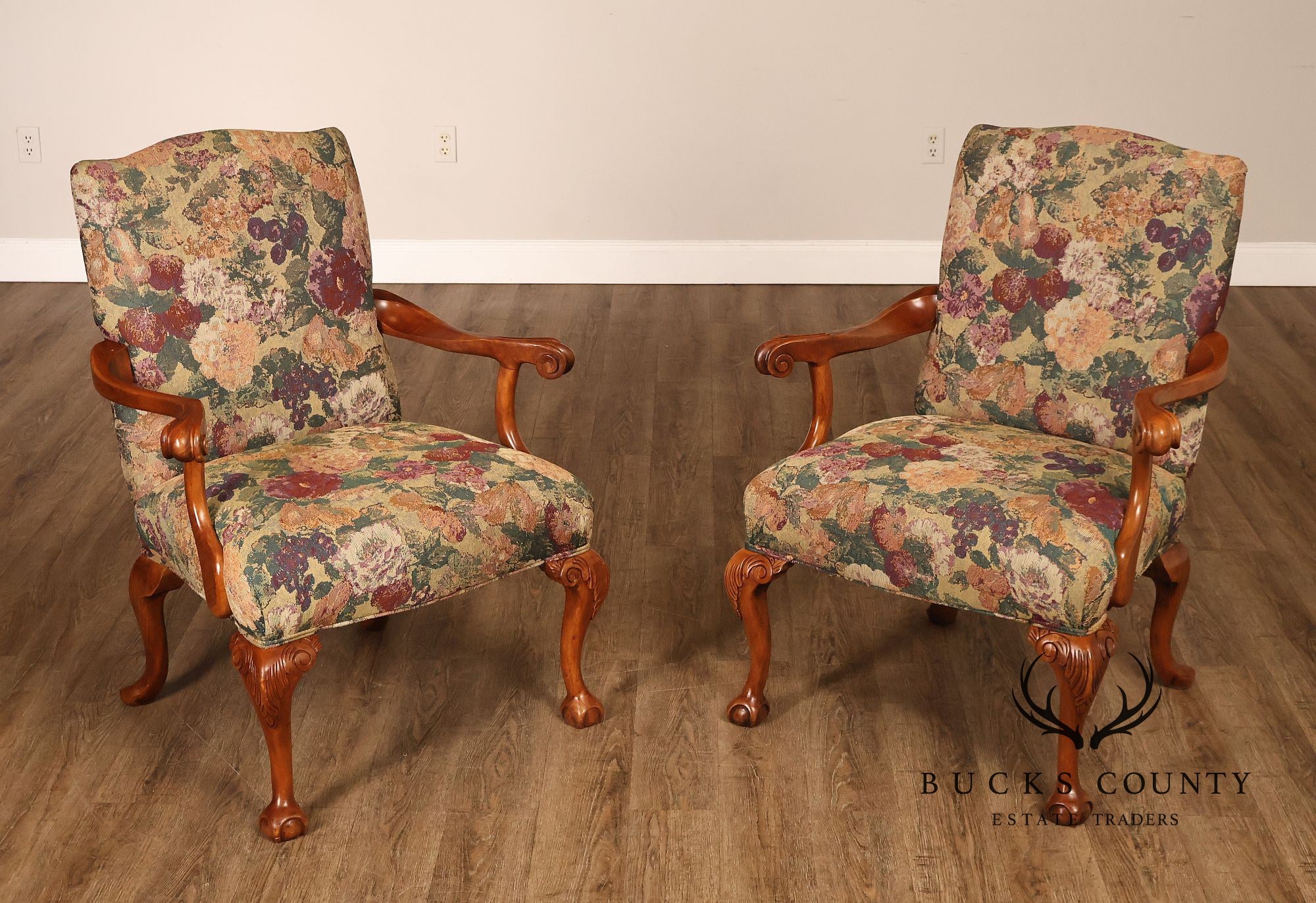 Chippendale Style Pair of Carved Frame Library Armchairs