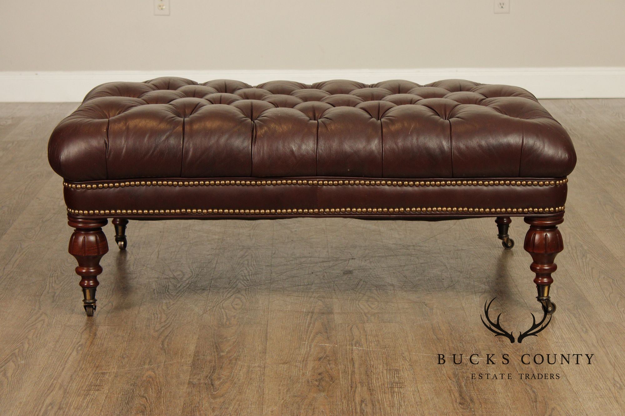 English Regency Style Tufted Leather Cocktail Ottoman On Turned Legs