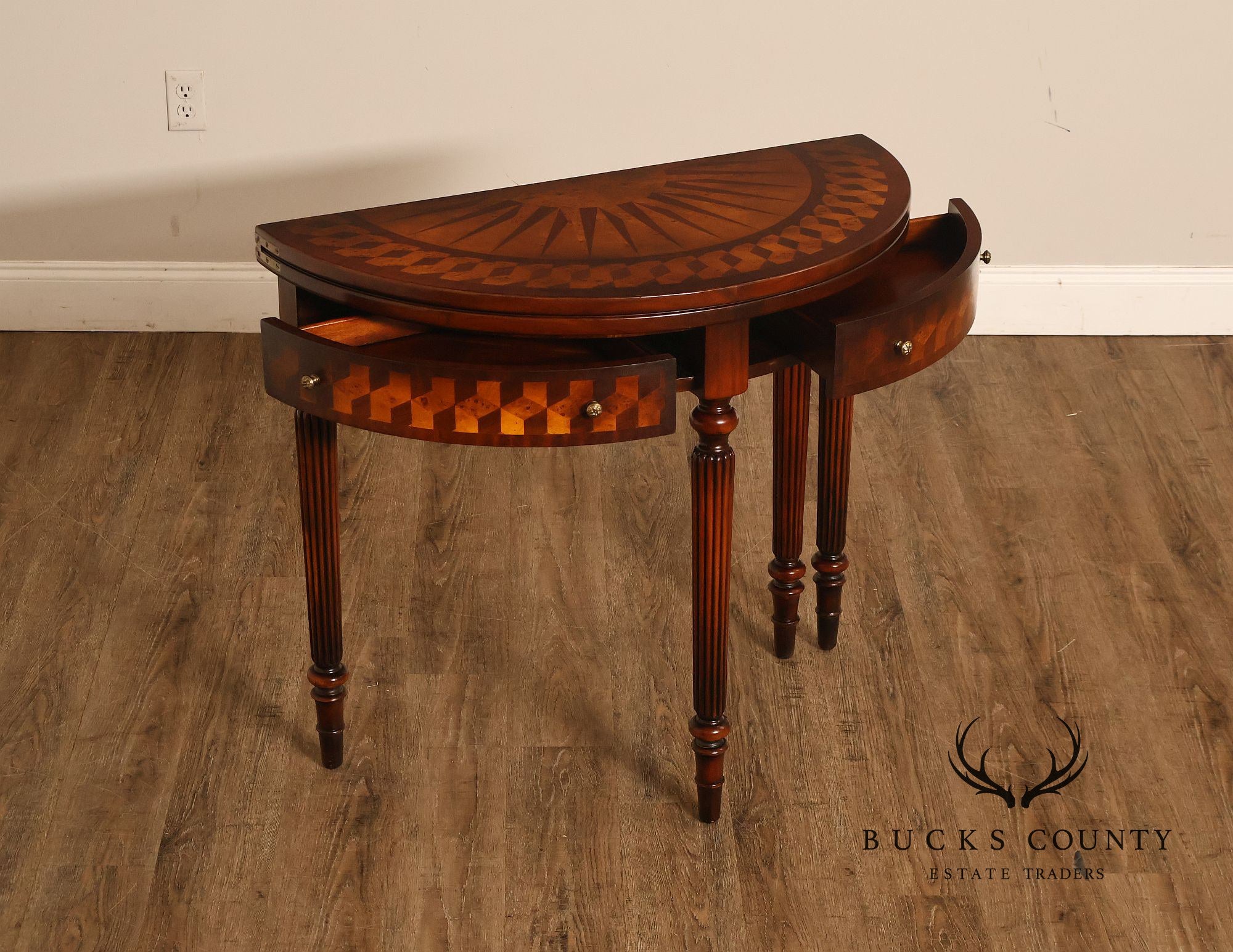 Maitland Smith Inlaid Demilune Console Games Table