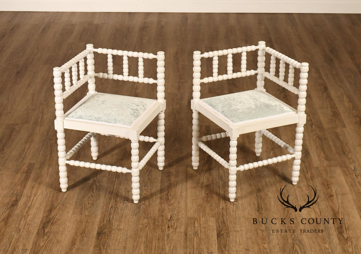 Vintage Pair of White Painted Bobbin Turned Corner Chairs