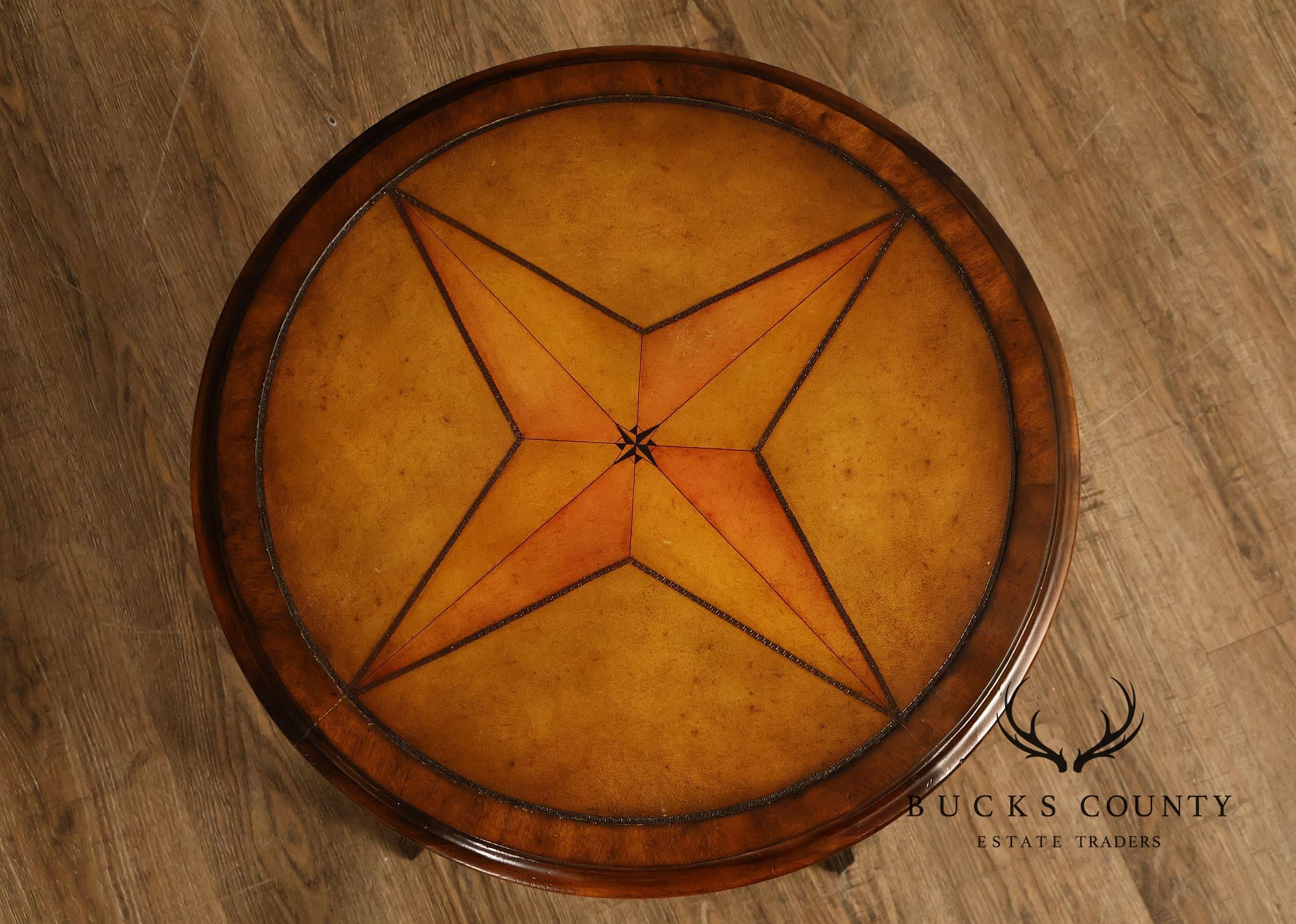 John Richard 'European Crossroads' Pair of Round Leather Top Lamp Tables