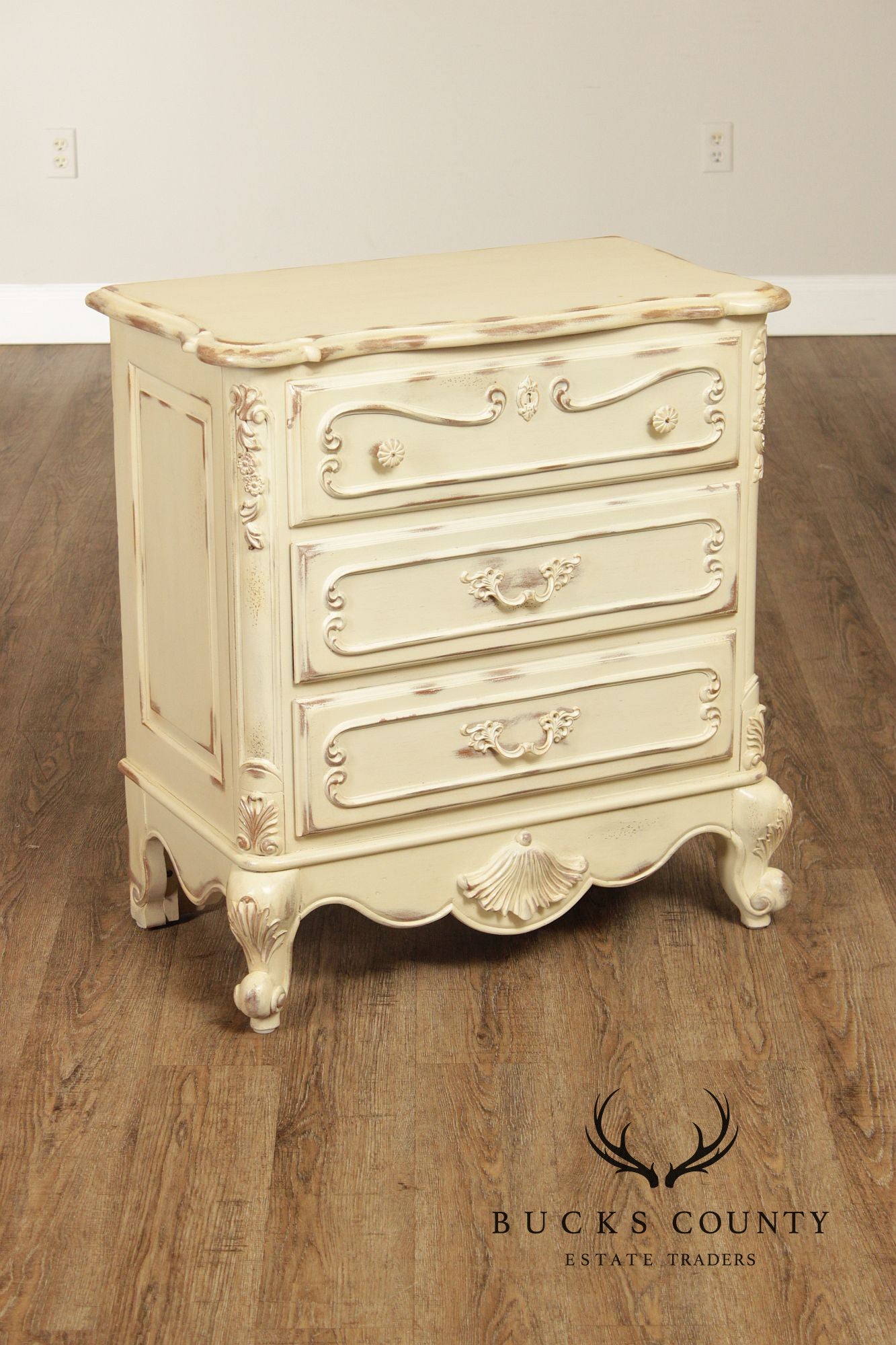 Lane French Provincial Style Pair of Distressed Cream Painted Nightstands