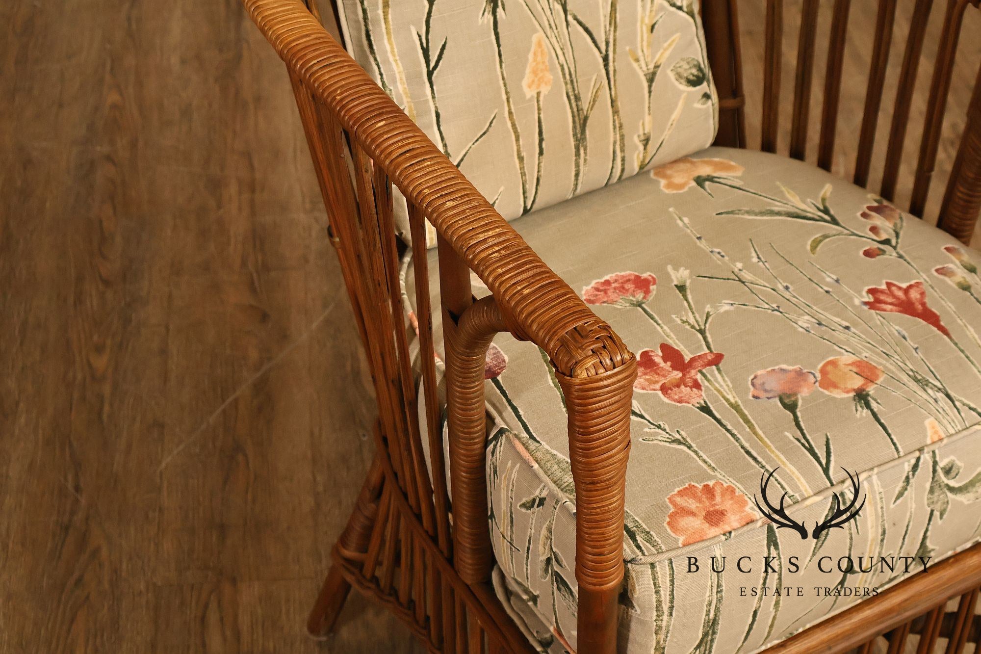 Antique Set Of Four Split Reed Rattan Armchairs With Floral Cushions