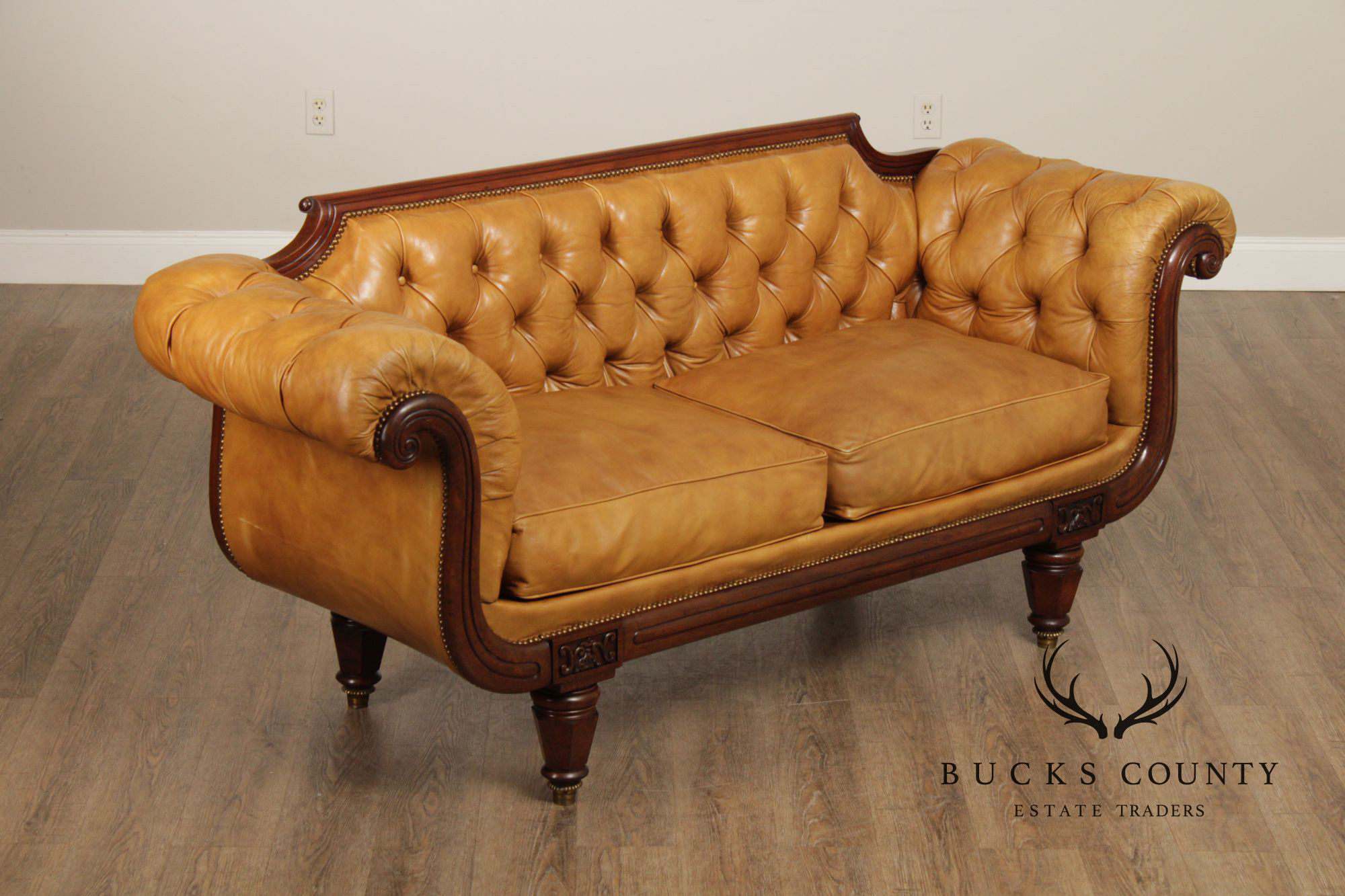 Antique English Regency Mahogany and Tufted Leather Sofa