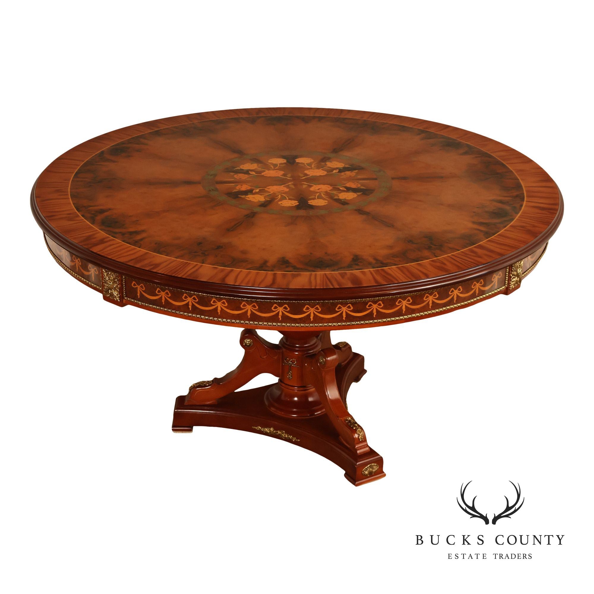 60” Round Pedestal Inlaid Burl Wood Dining or Center Table
