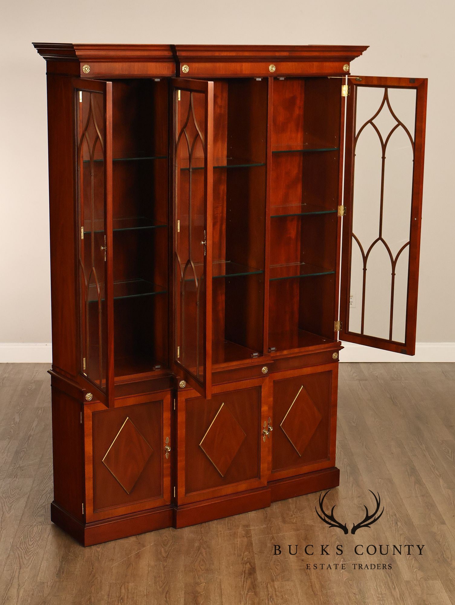 Kindel Neoclassical Style Mahogany Breakfront China Cabinet