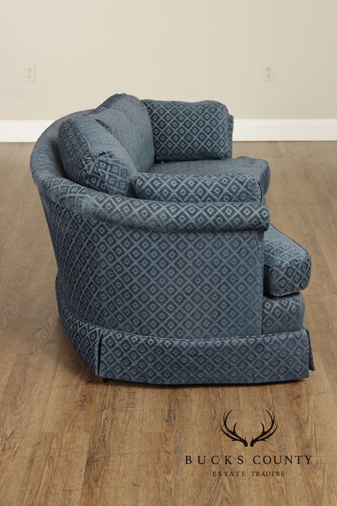 Custom Upholstered Blue Diamond Pattern Curved Loveseat