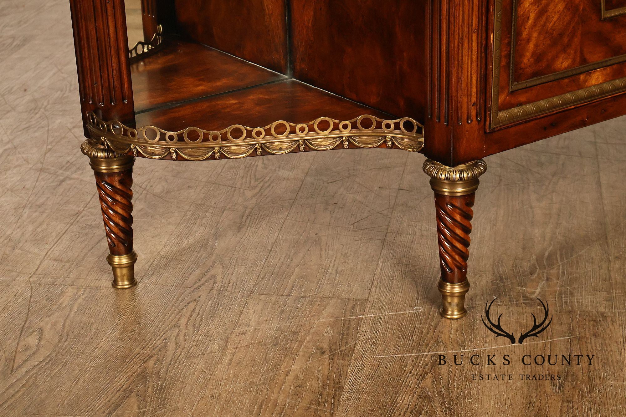 Theodore Alexander French Louis XVI Style Burl Wood Brass Mounted Gallery Top Pair Of Side Cabinets