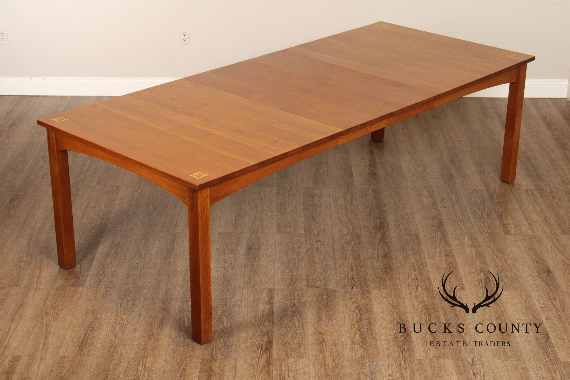 STICKLEY MISSION COLLECTION OAK HARVEY ELLIS EXTENDABLE DINING TABLE WITH INLAY