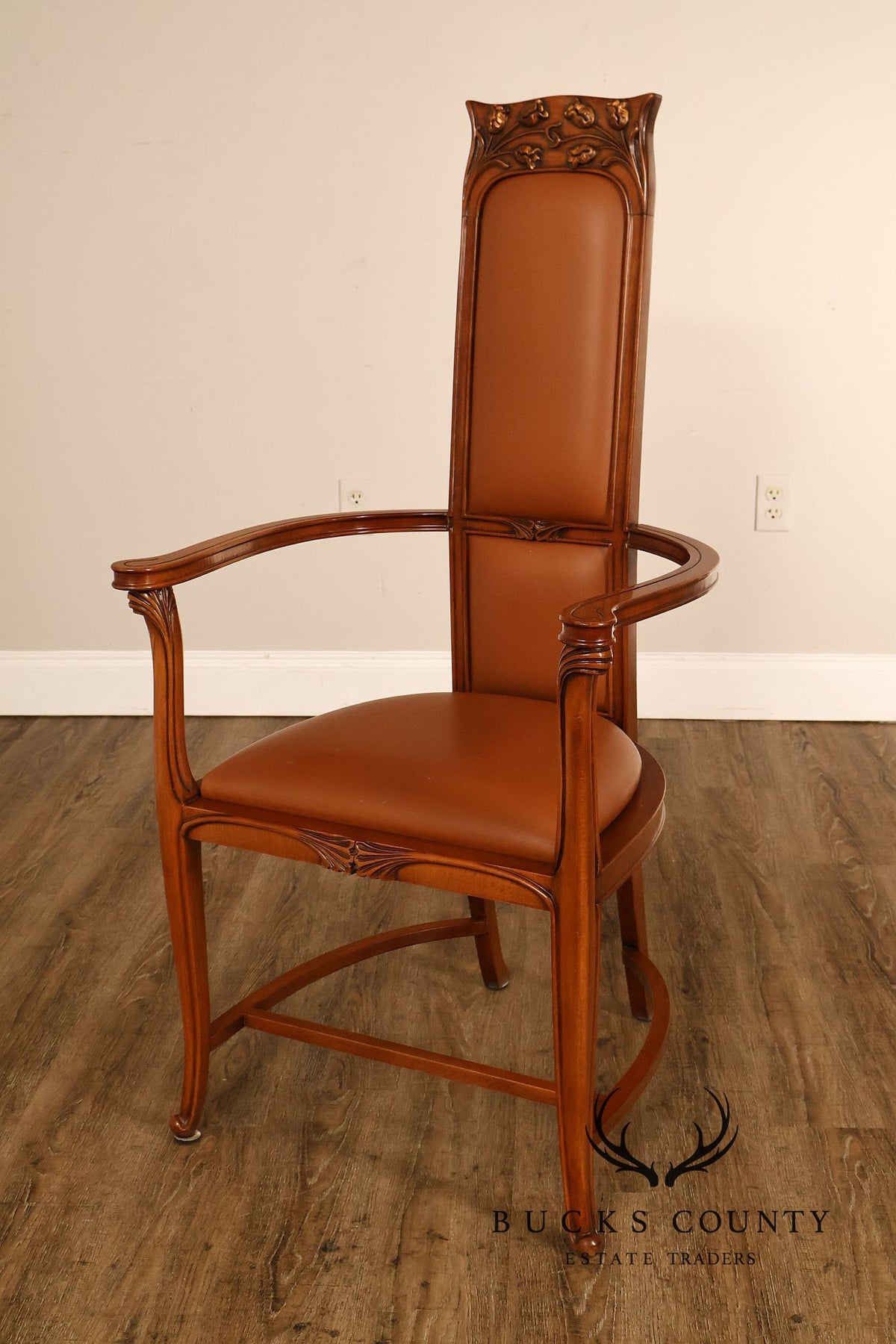 Antique Art Nouveau Carved Wood And Leather Armchair