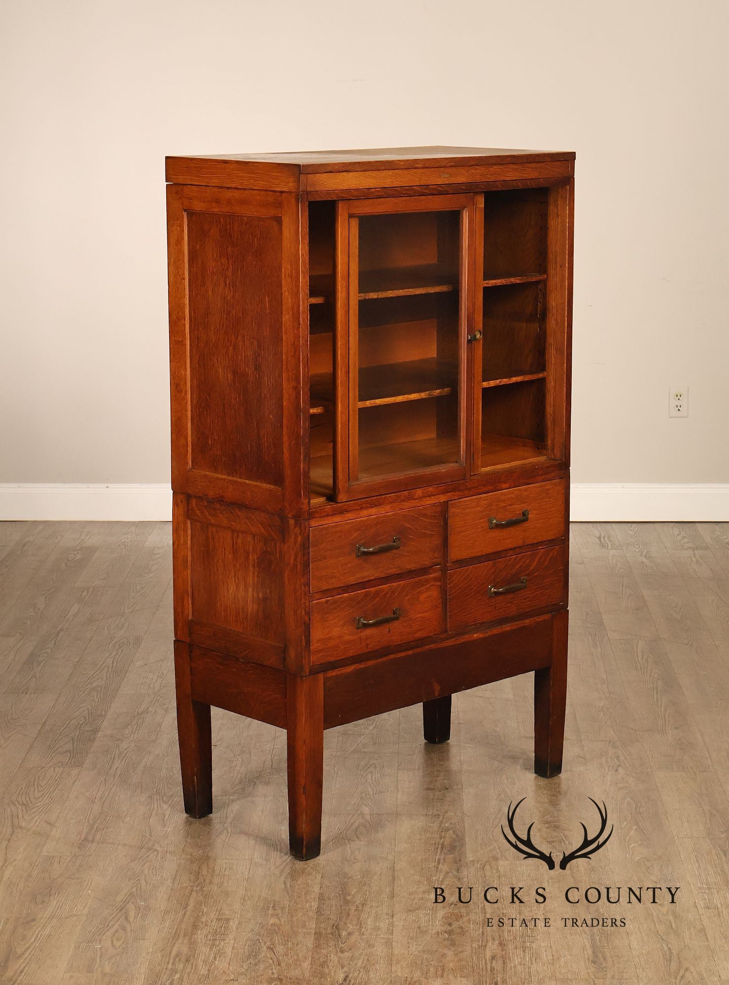 Globe Oak Sectional Bookcase Cabinet With Sliding Glass Doors And Drawers