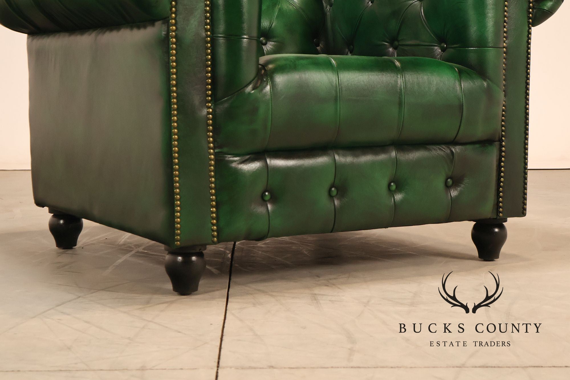 Chesterfield Style Pair of Green Leather Club Chairs