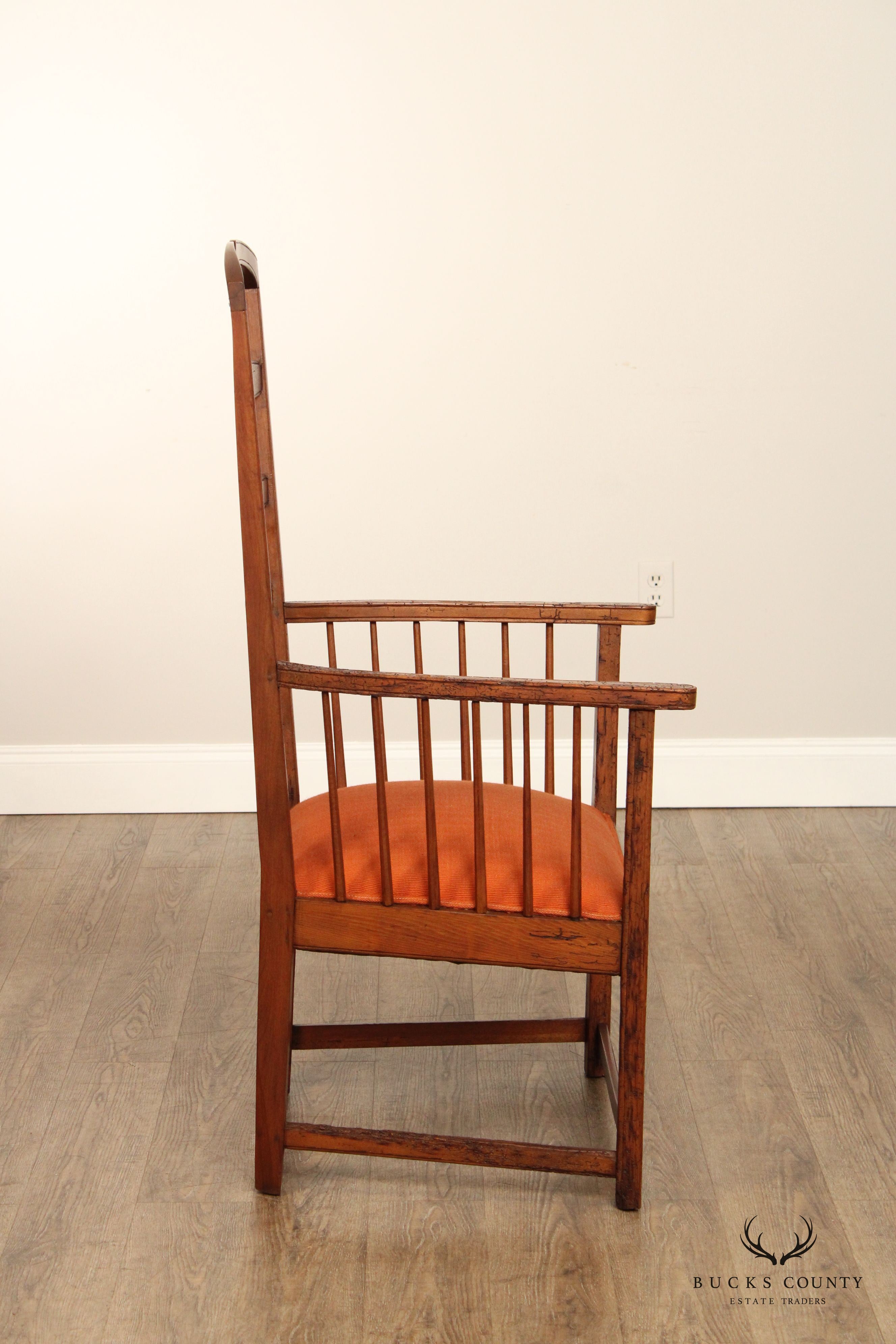 Antique Arts And Crafts Distressed Oak Tall Ladder Back Armchair