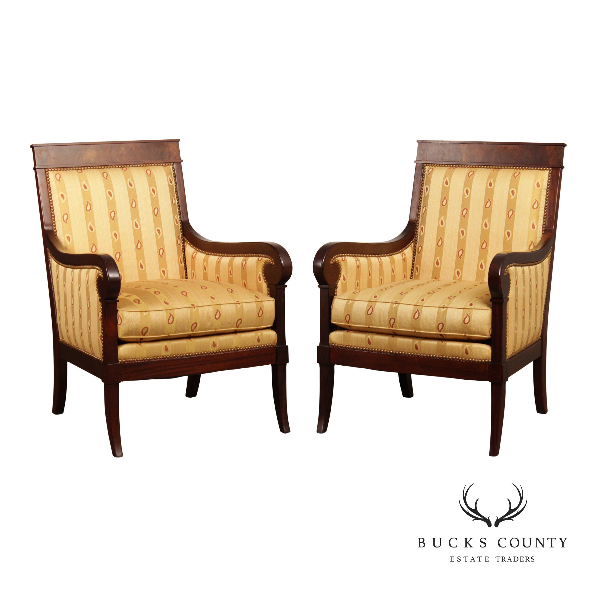 Kravet Furniture French Empire Style Pair of Mahogany Armchairs