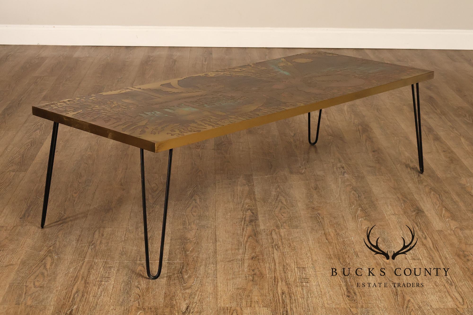 Mid Century Modern Acid Etched Brass Top Coffee Table With Hairpin Legs