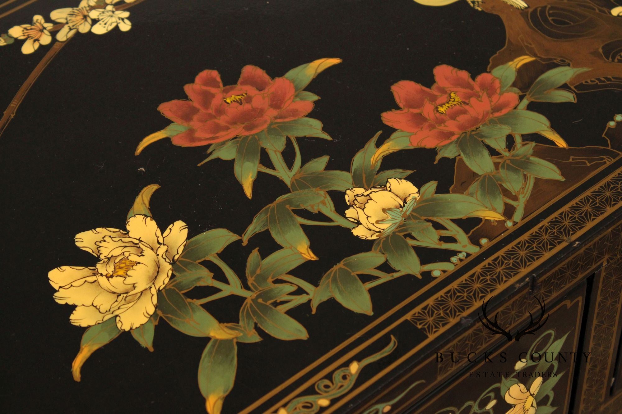 Chinoiserie Painted Vintage Black Lacquer Console Table