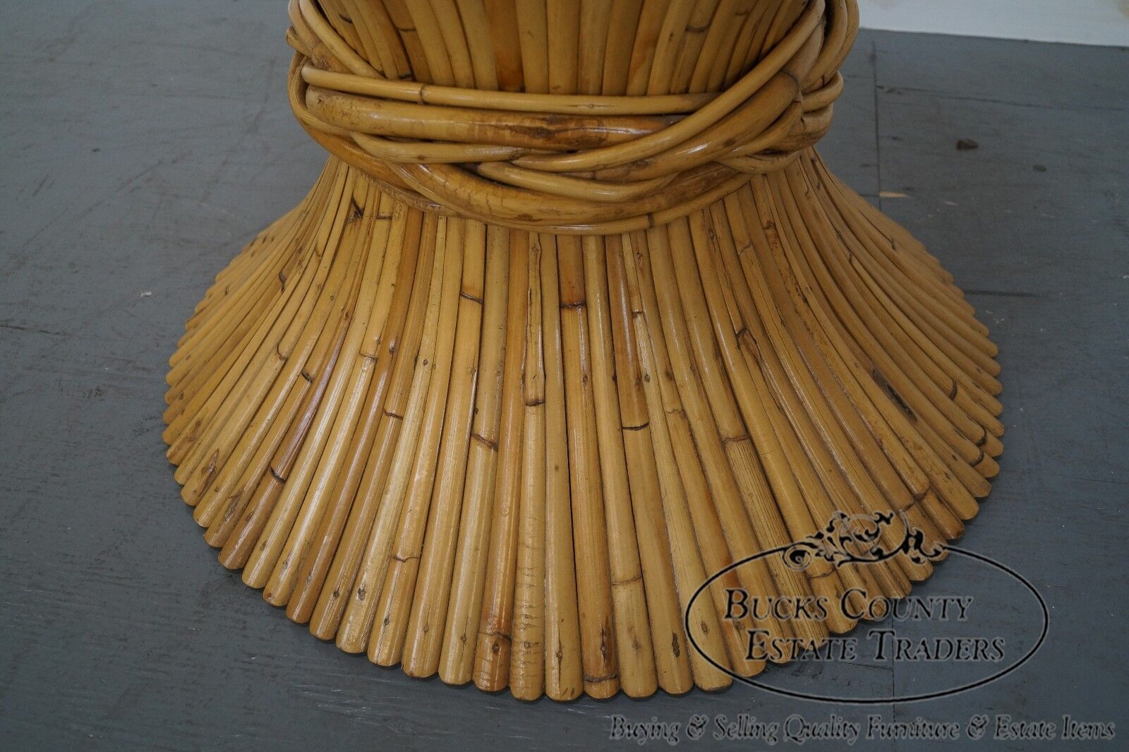 McGuire Sheaf of Wheat Bamboo Rattan Round Glass Top Coffee Table
