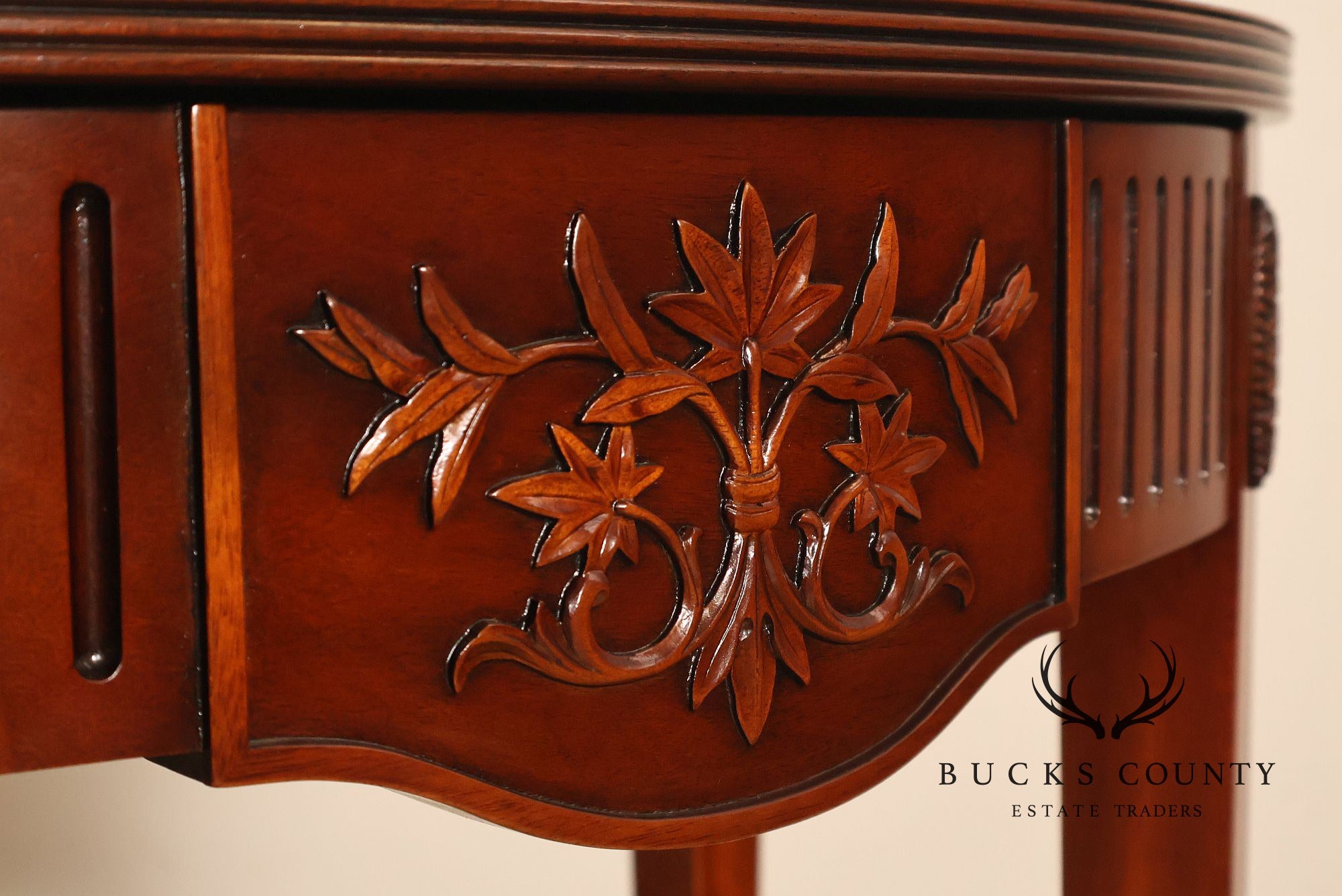 Custom Mahogany Inlaid Demilune Console Table