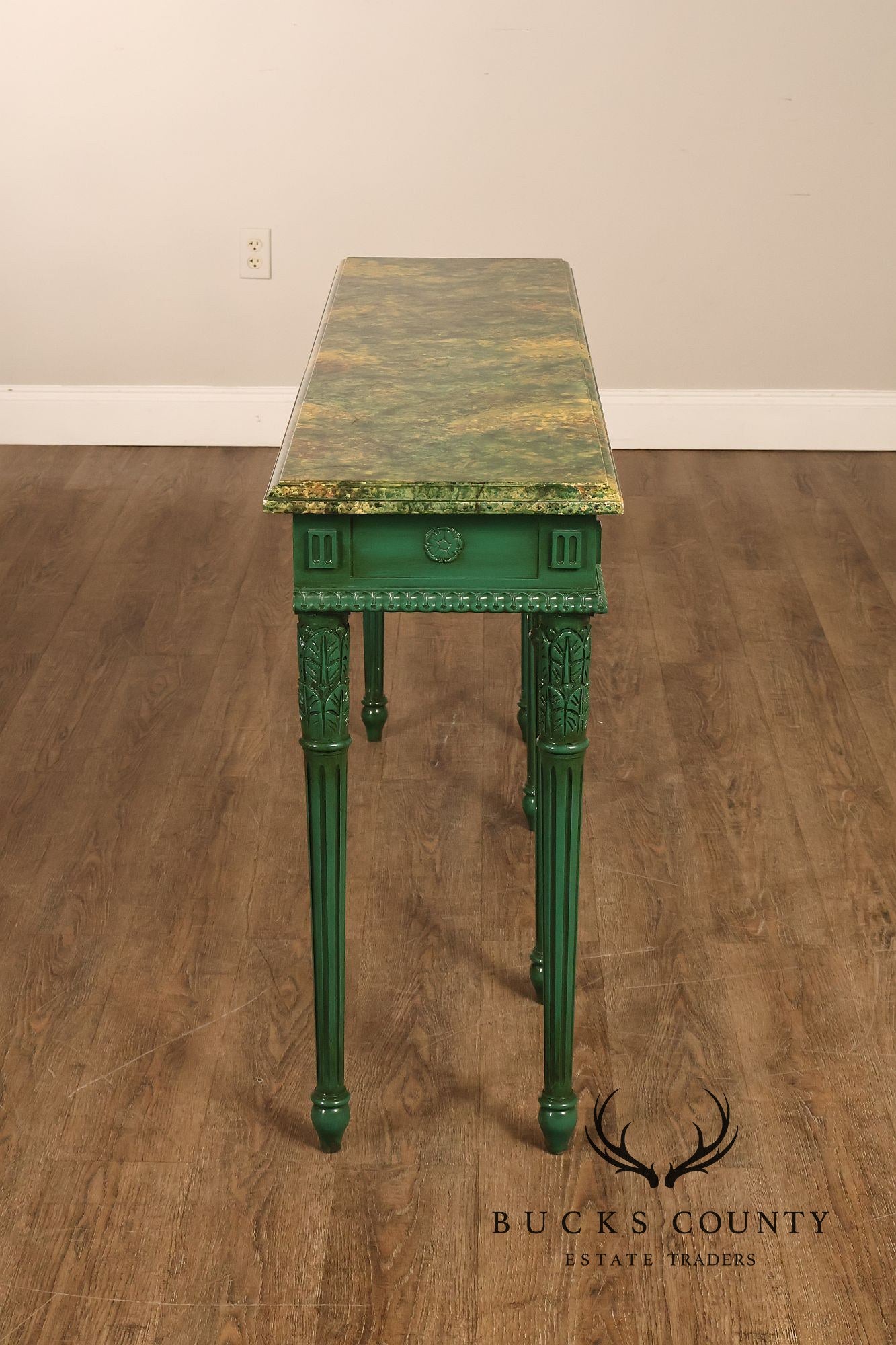 Neoclassical Style Narrow Custom Quality Console Table With Faux Marble Top