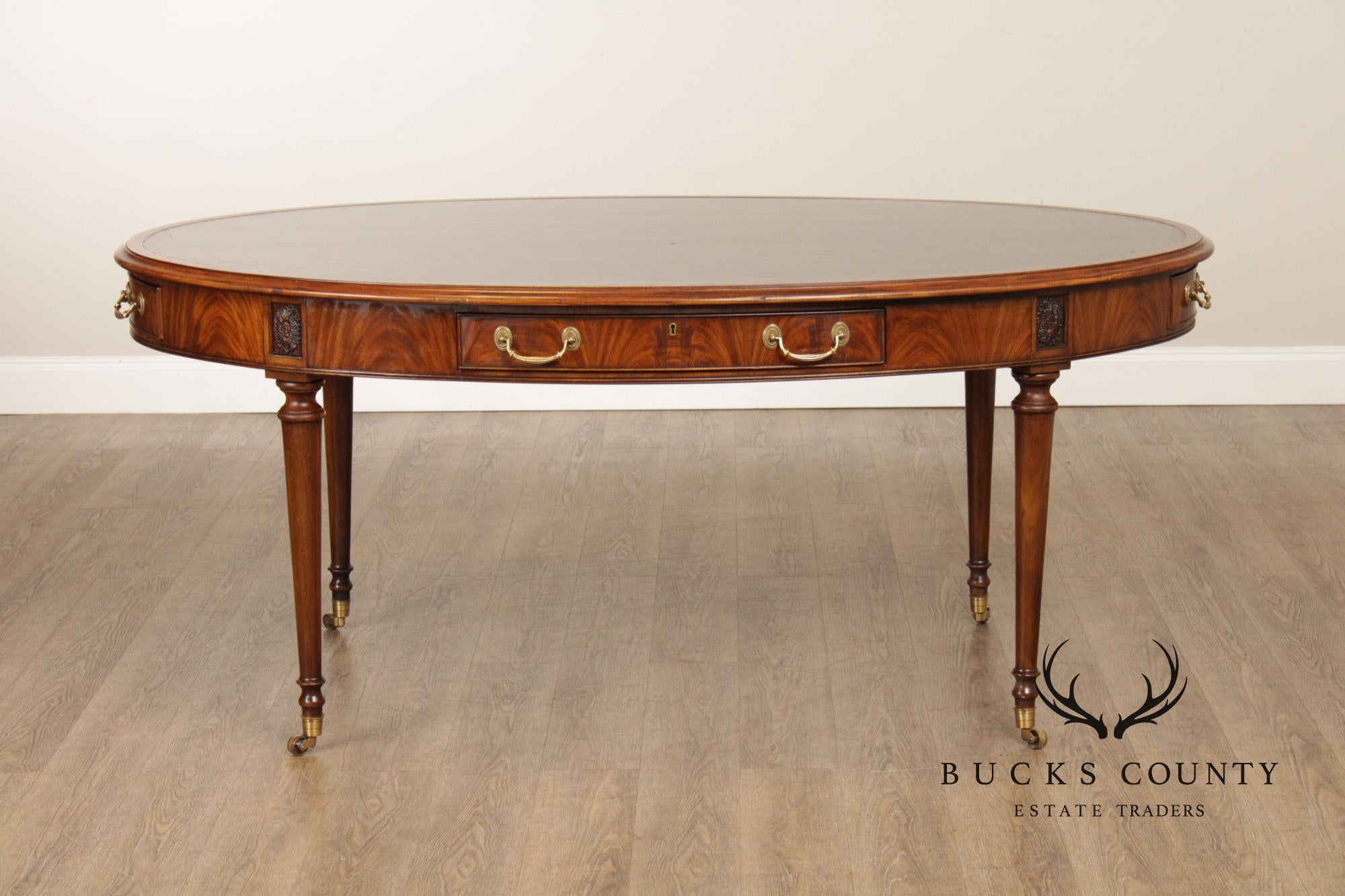 E.J. Victor Regency Style Mahogany Leather Top Oval Partners Desk Writing Table