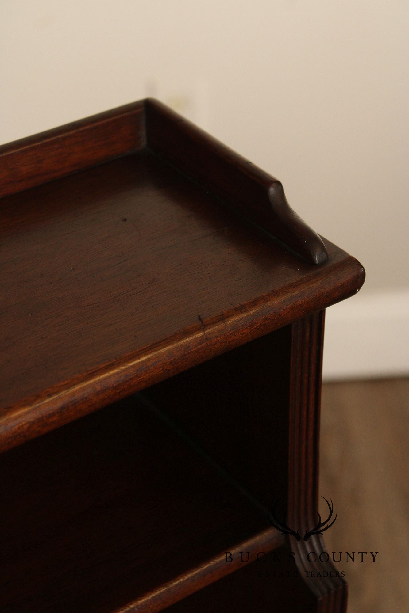 Vintage Georgian Style Narrow Mahogany Waterfall Open Bookcase With Drawer