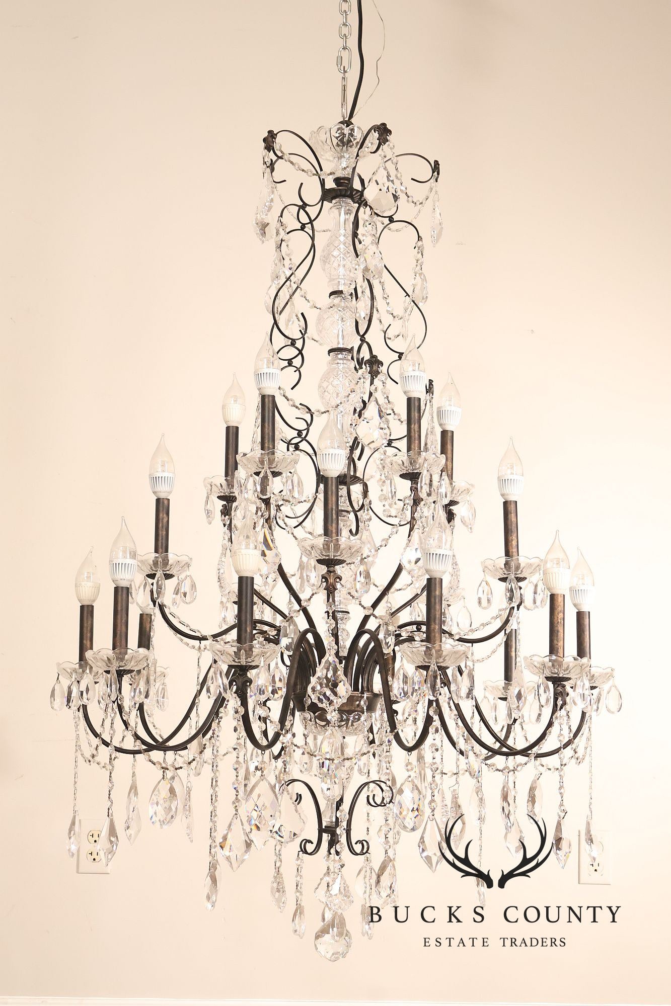 Large Twenty-Light Crystal And Wrought Iron 55" Chandelier