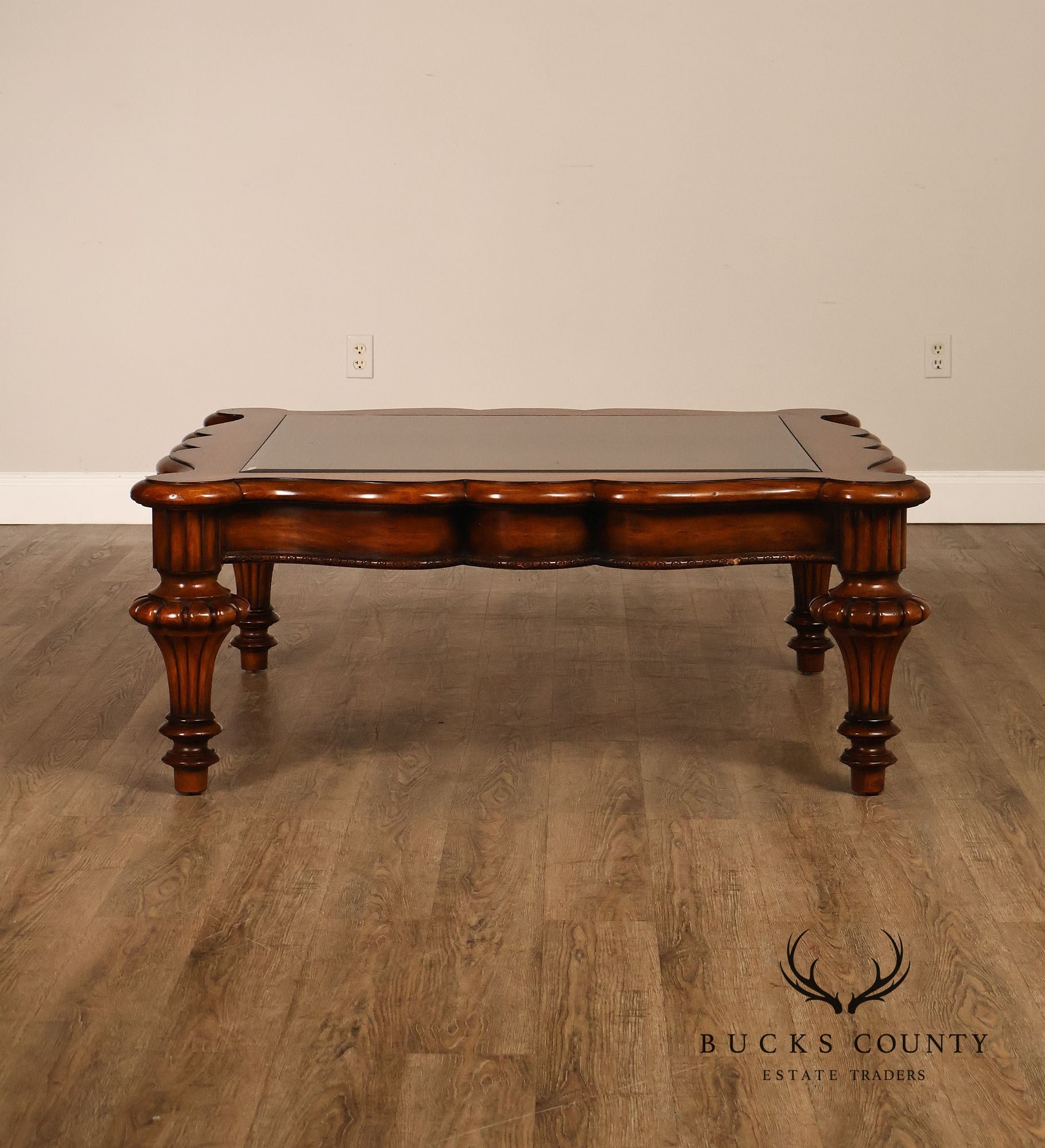 Mediterranean Style Carved Wood And Glass Square Coffee Table