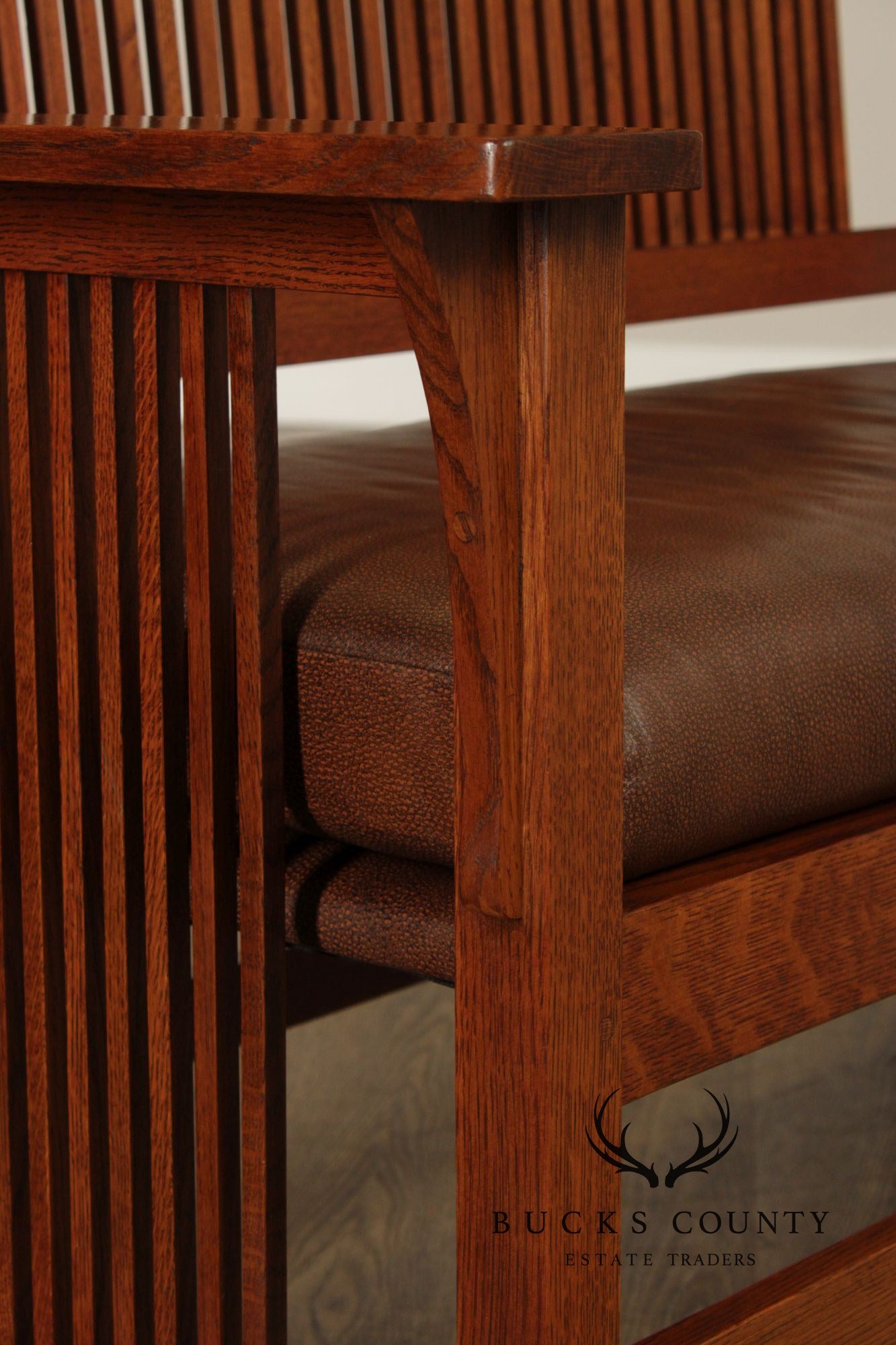 Stickley Mission Collection Oak And Leather Spindle Settee