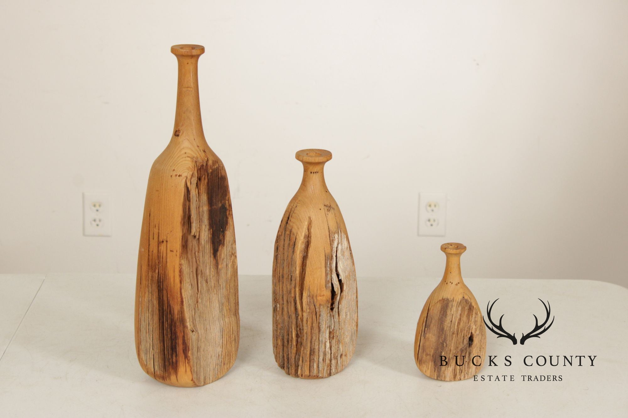 Vintage Set of Three Carved Wood Bottles