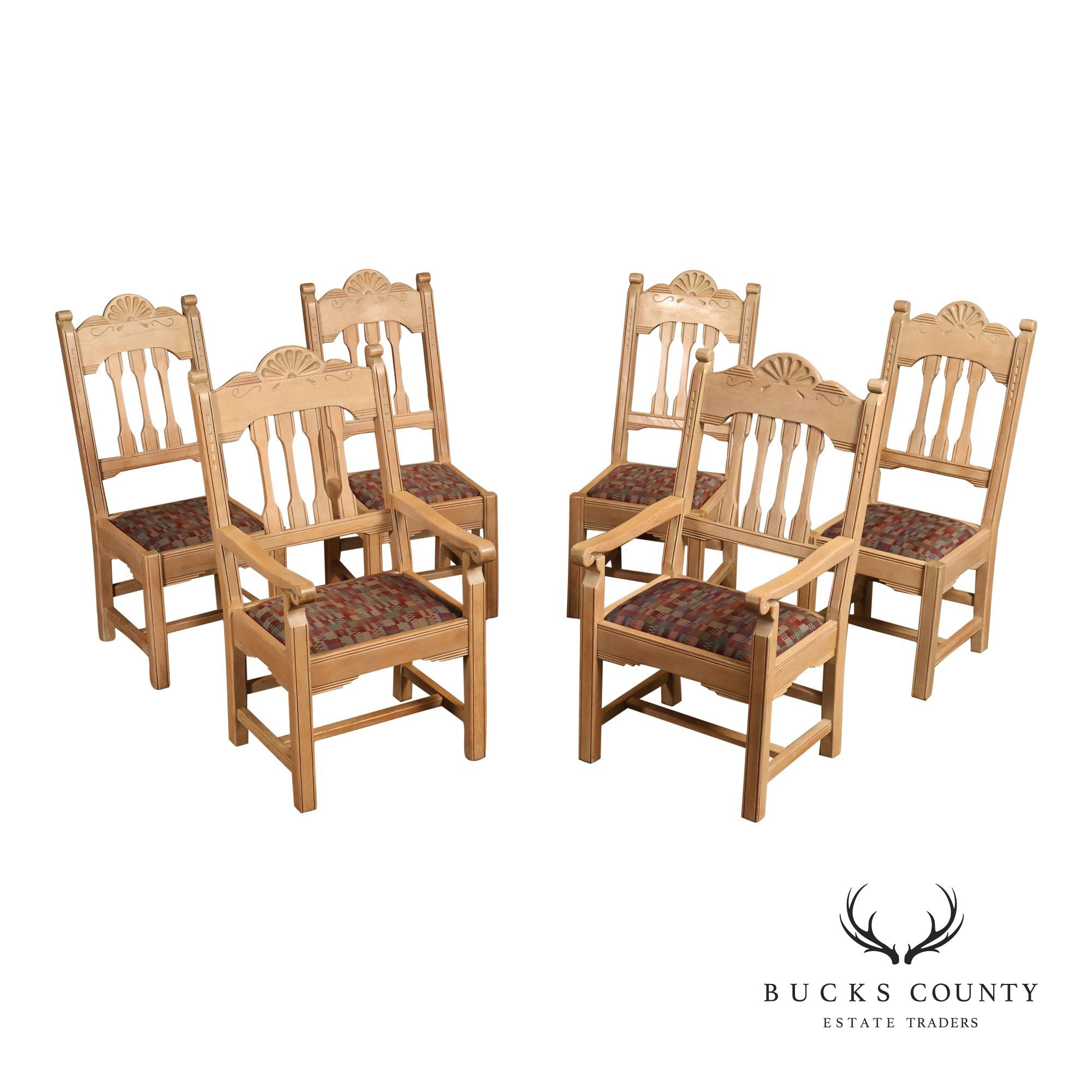 Southwest Style Vintage Set of Six Carved Pine Dining Chairs