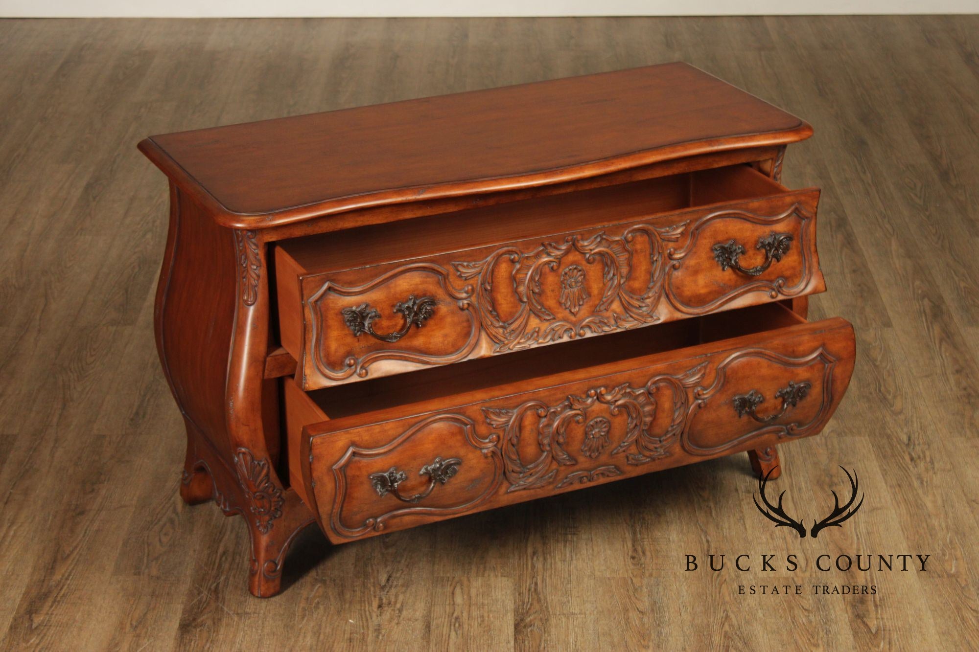 Century Furniture 'Coeur de France' Pair of Carved Cherry Bombe Chests