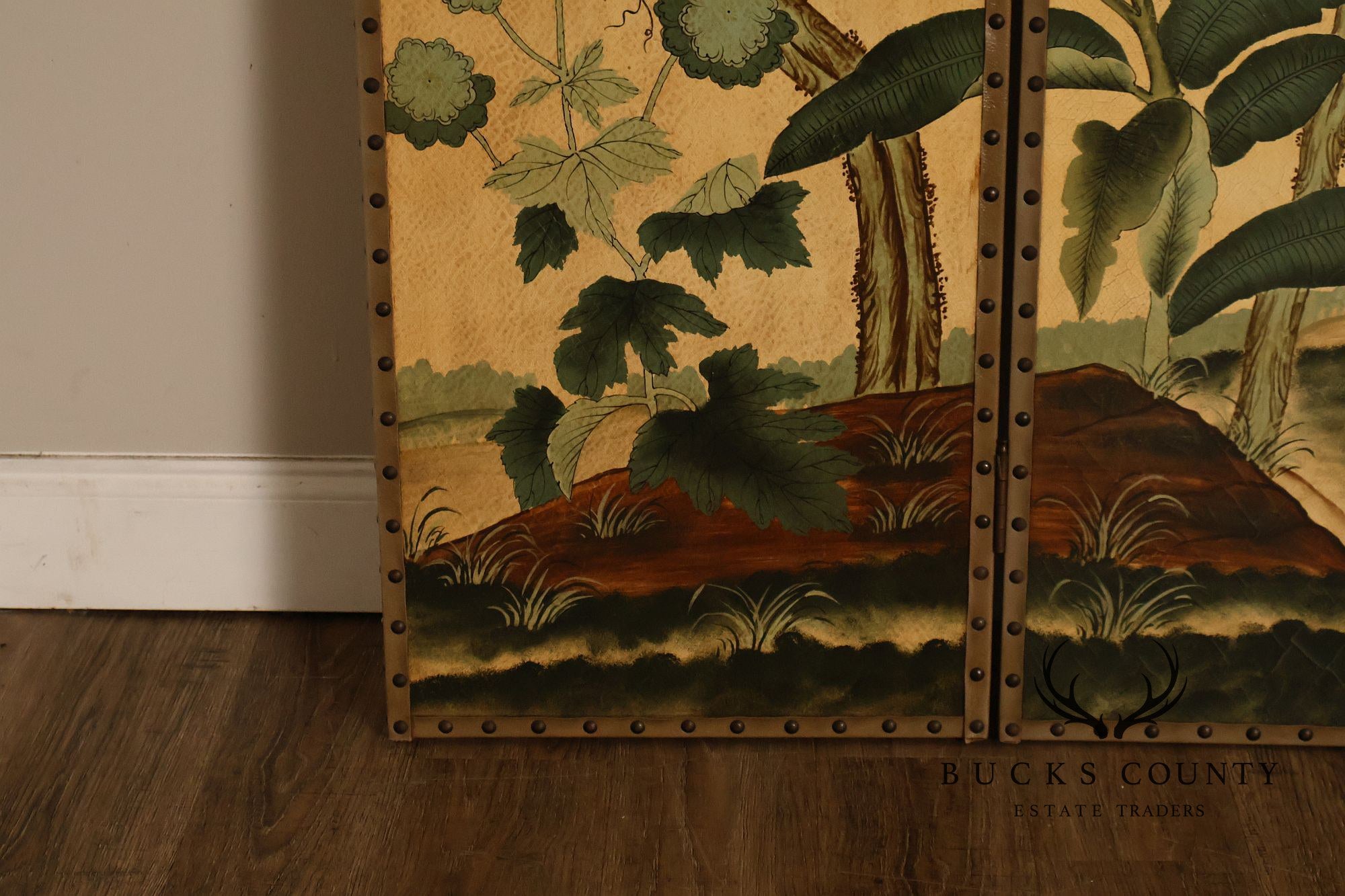 Decorative Crafts Chinoiserie Style Four Panel Hand-Painted Folding Screen