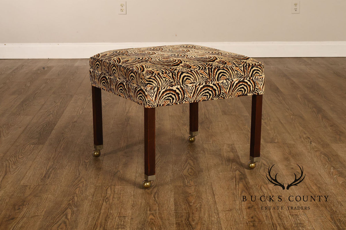 Postmodern Style Pair Of Square Upholstered Stools With Brass Casters