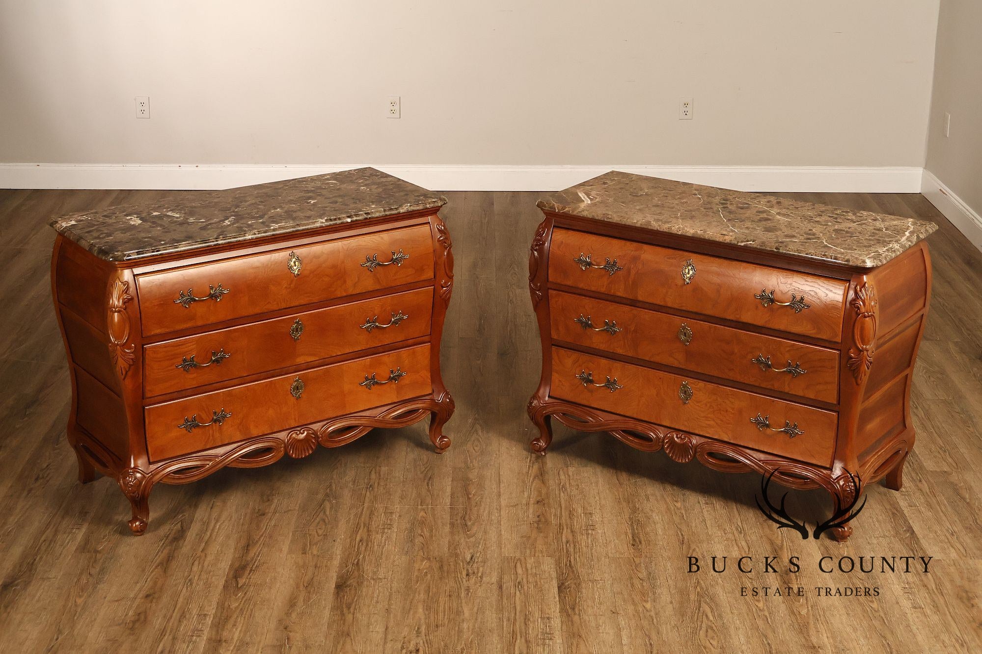 Century Furniture Pair of Marble Top Bombe Chests