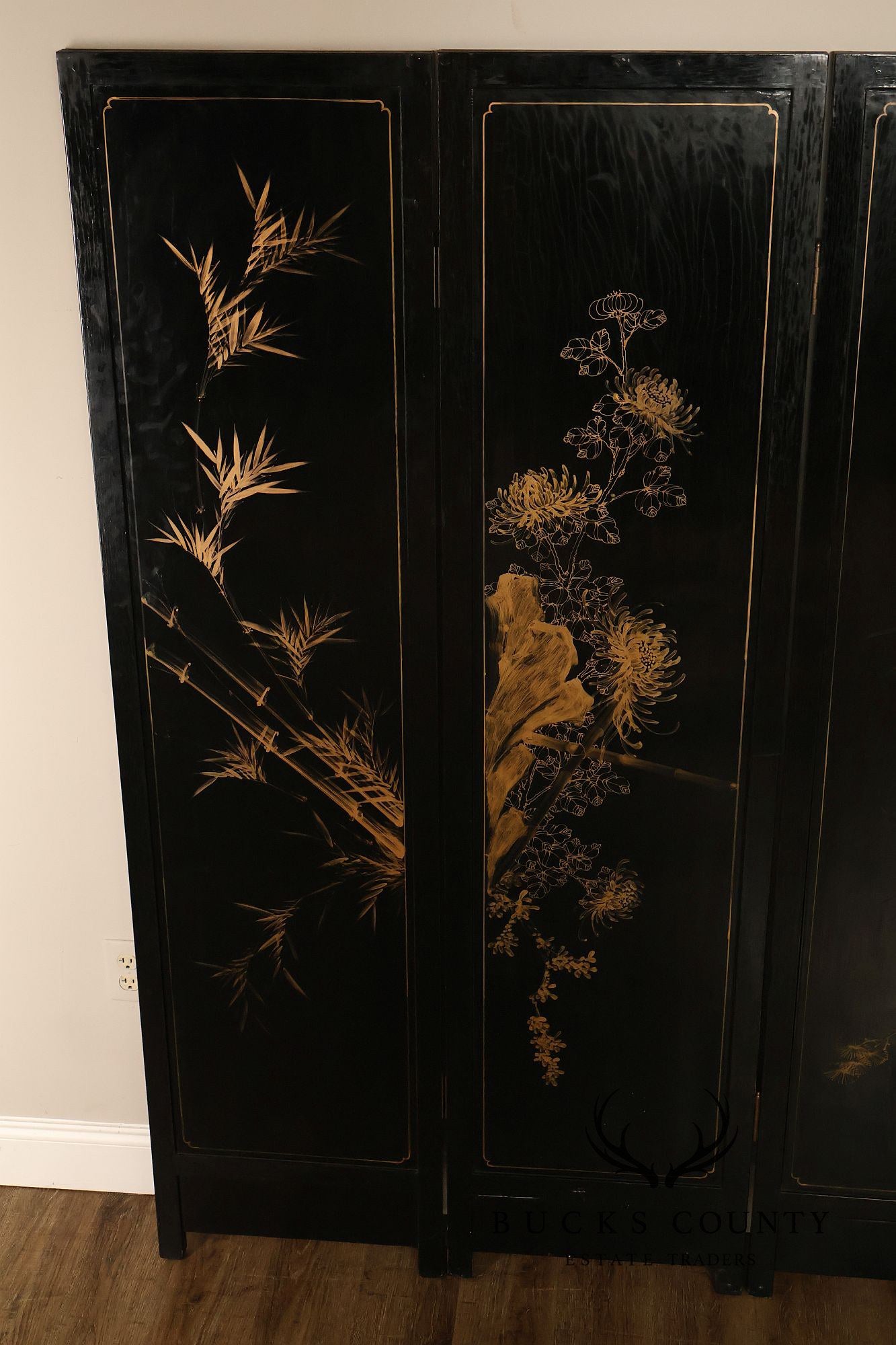Asian Black Lacquer Vintage Pair Of Four Panel Folding Screens With Mother Of Pearl Inlay