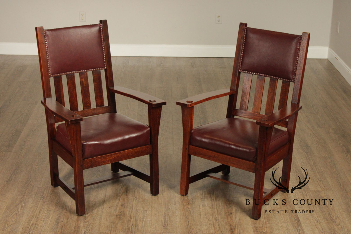 Antique Arts and Crafts Pair of Mission Oak Armchairs