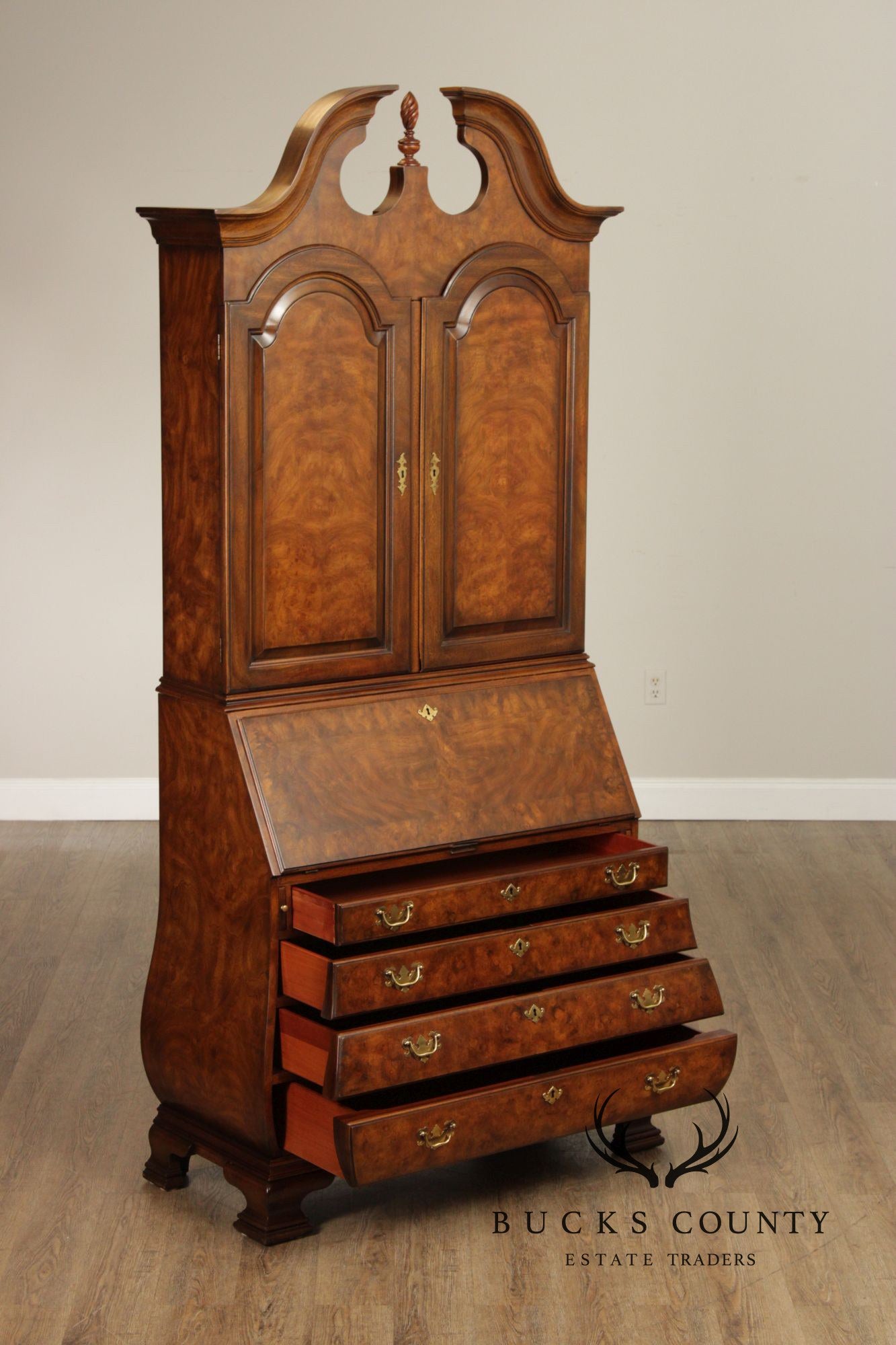 Chippendale Style Burled Walnut Bombe Secretary Desk Bookcase By Heritage Heirloom