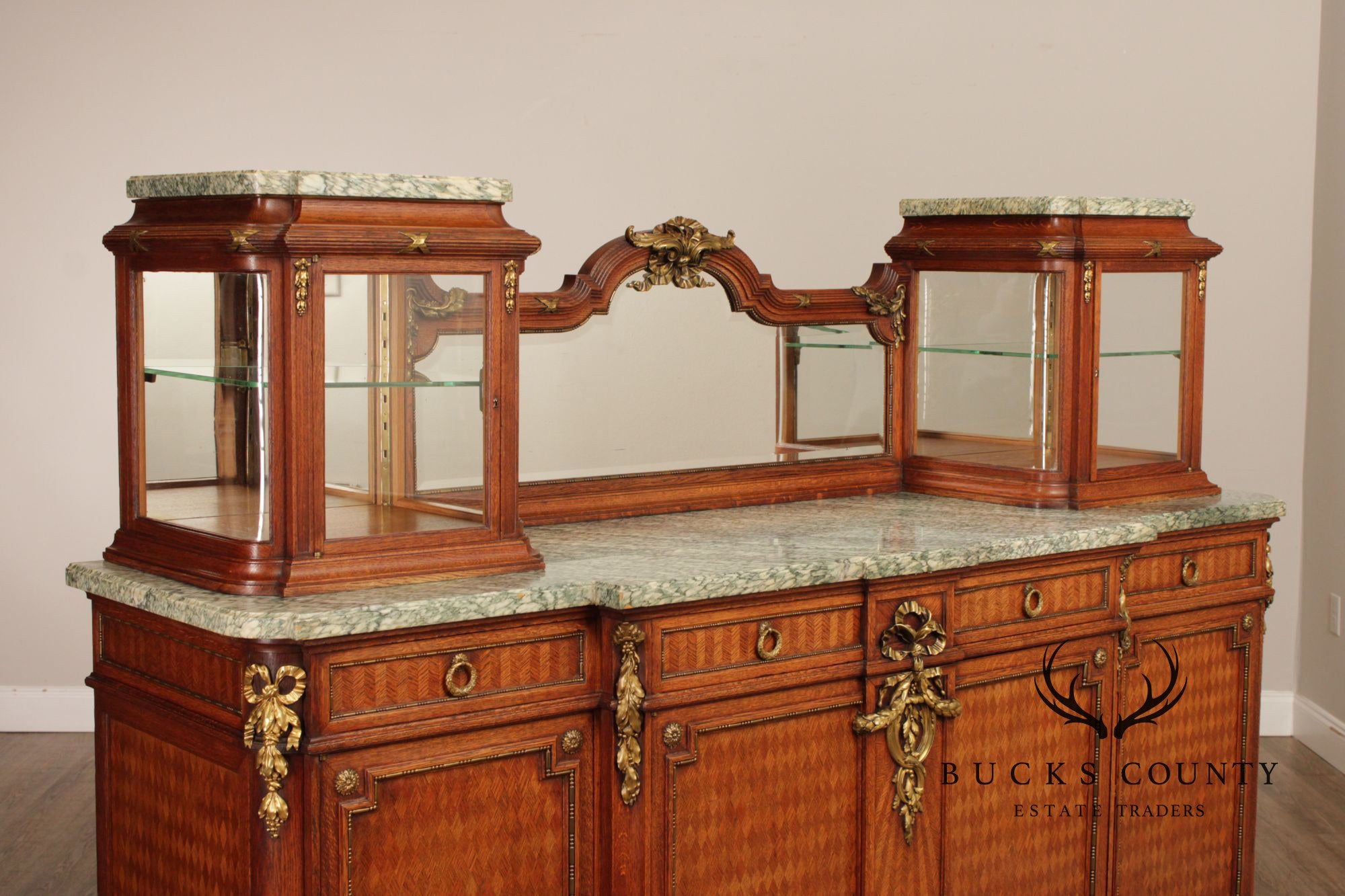 Antique French Louis XVI Style Inlaid Marble Top Sideboard