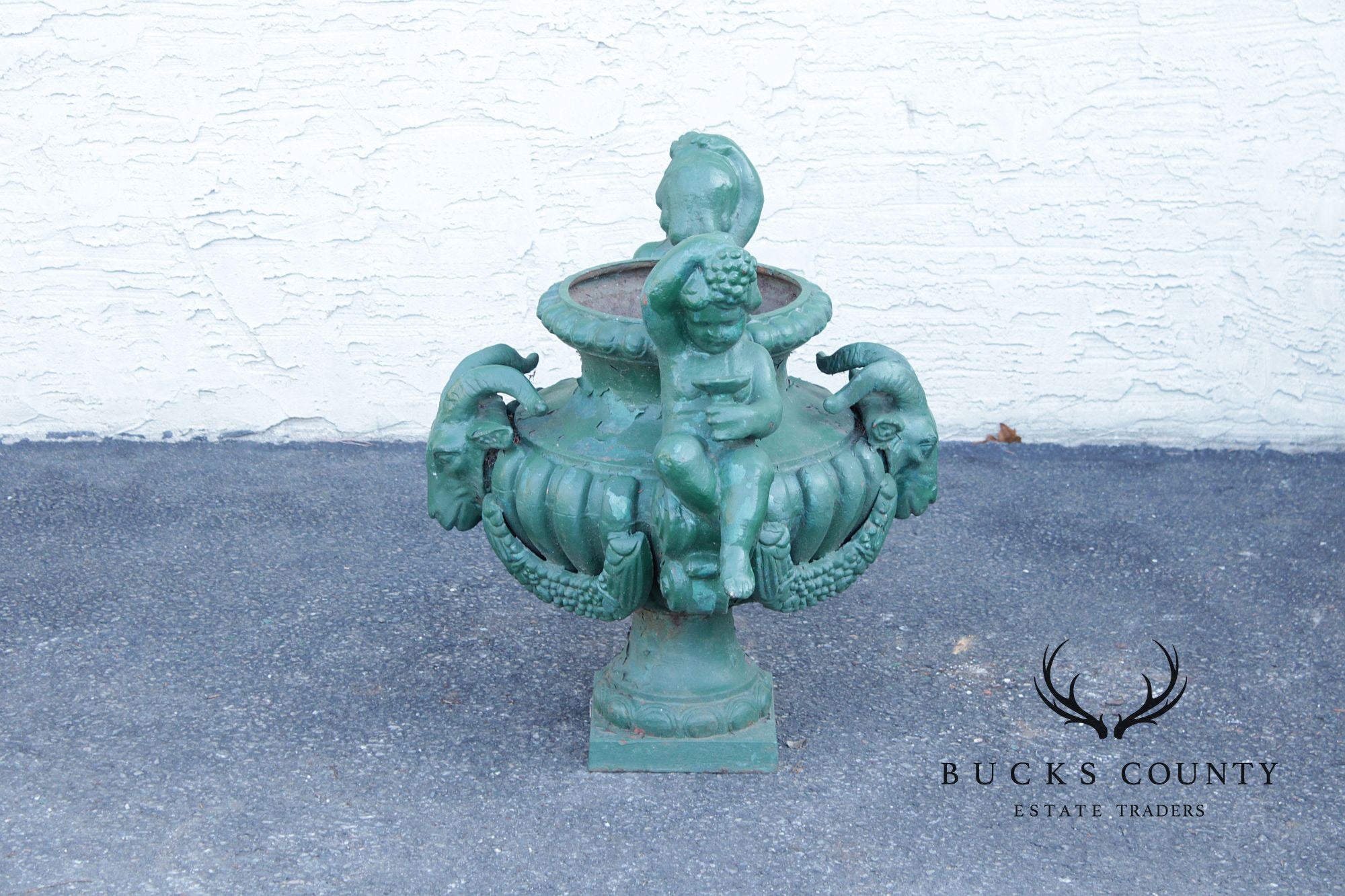 Antique Cast Iron Pair Of Cherub Garden Urn Planters