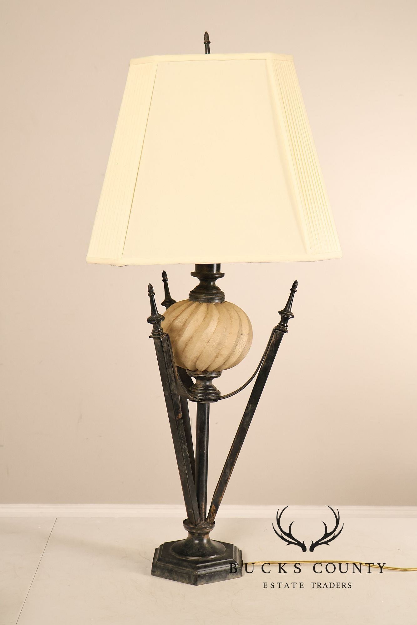 Neoclassical Style Pair Of Table Lamps With Carved Orb And Metal Base