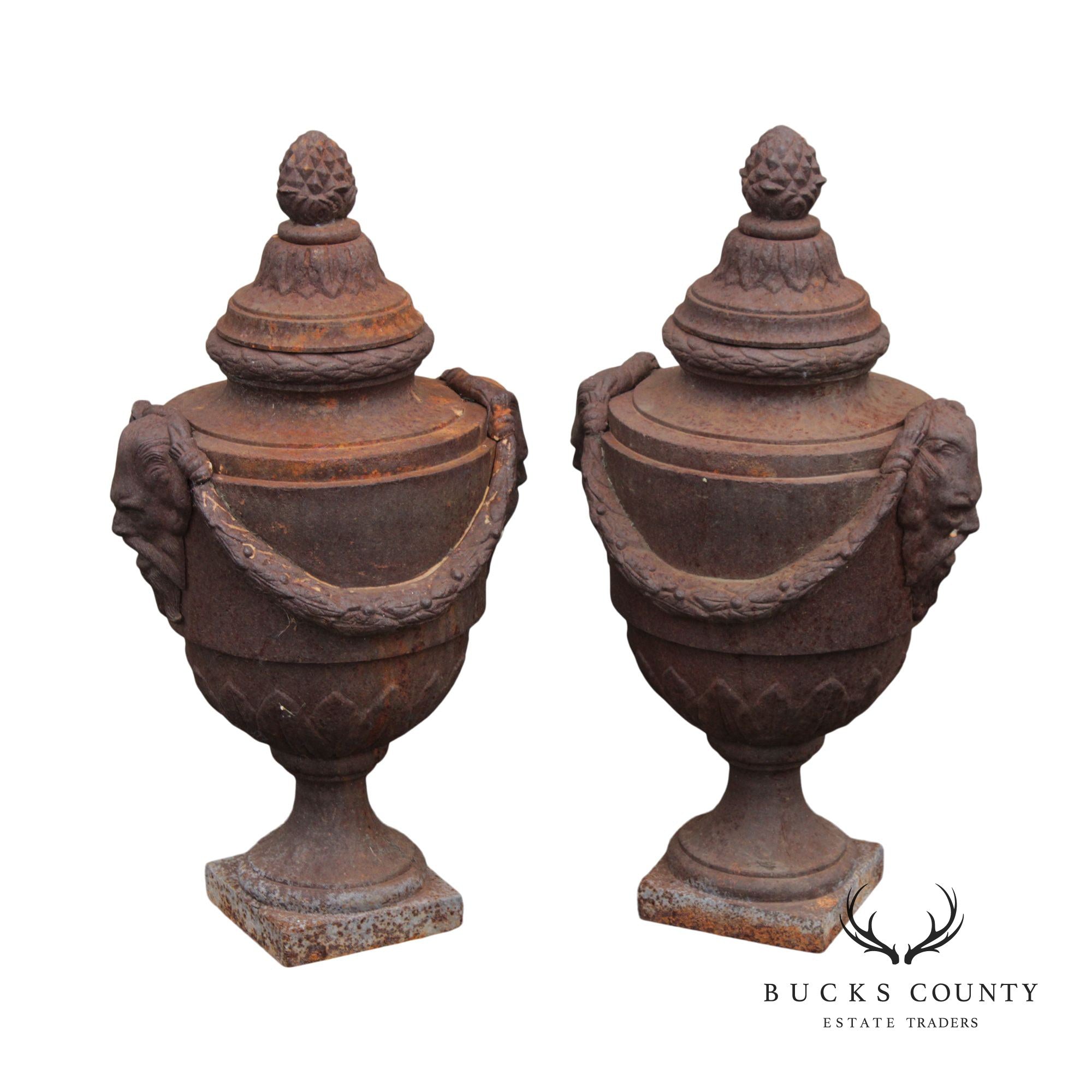 Classical Style Pair of Cast Iron Outdoor Garden Urns