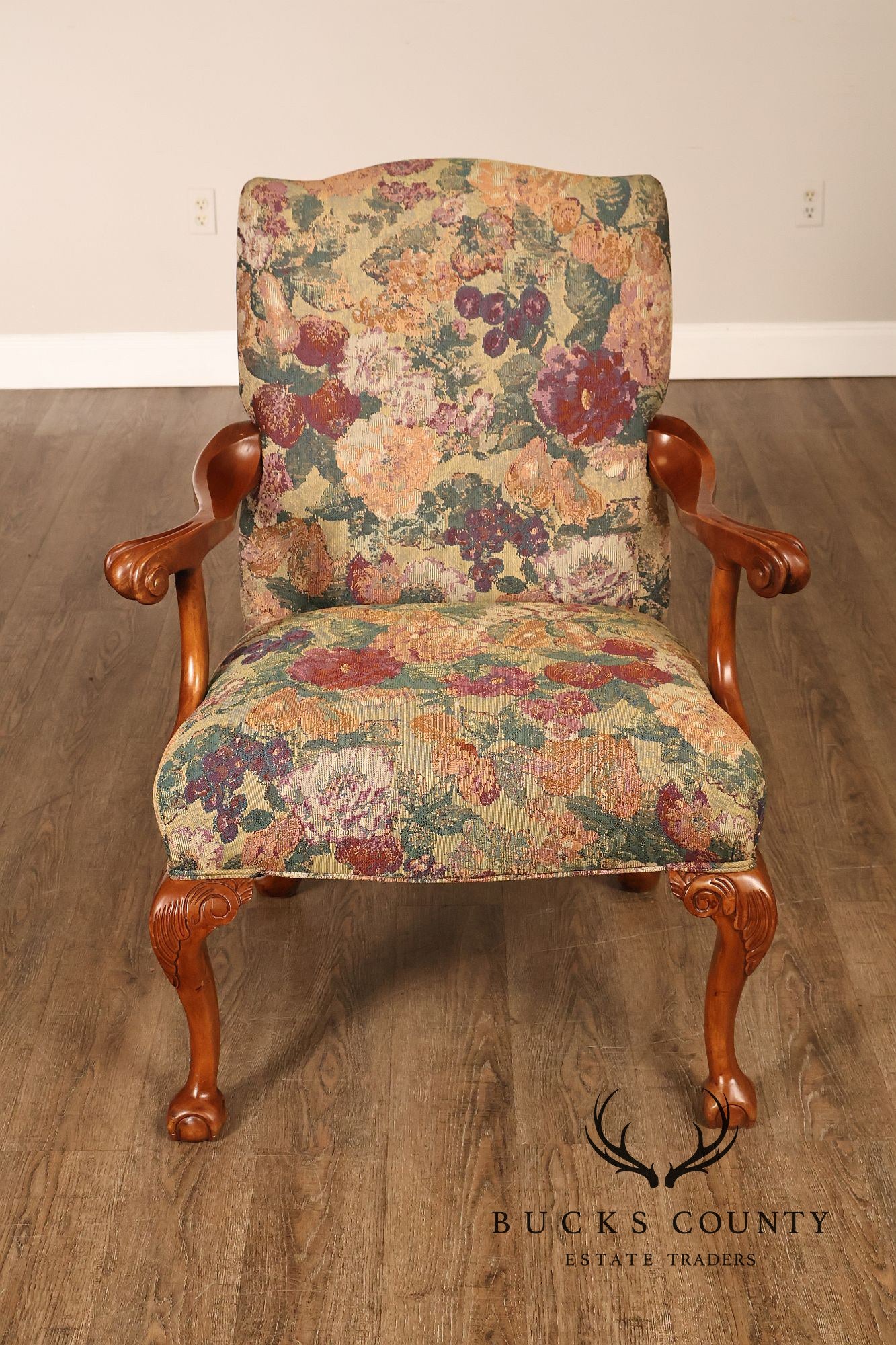 Chippendale Style Pair of Carved Frame Library Armchairs