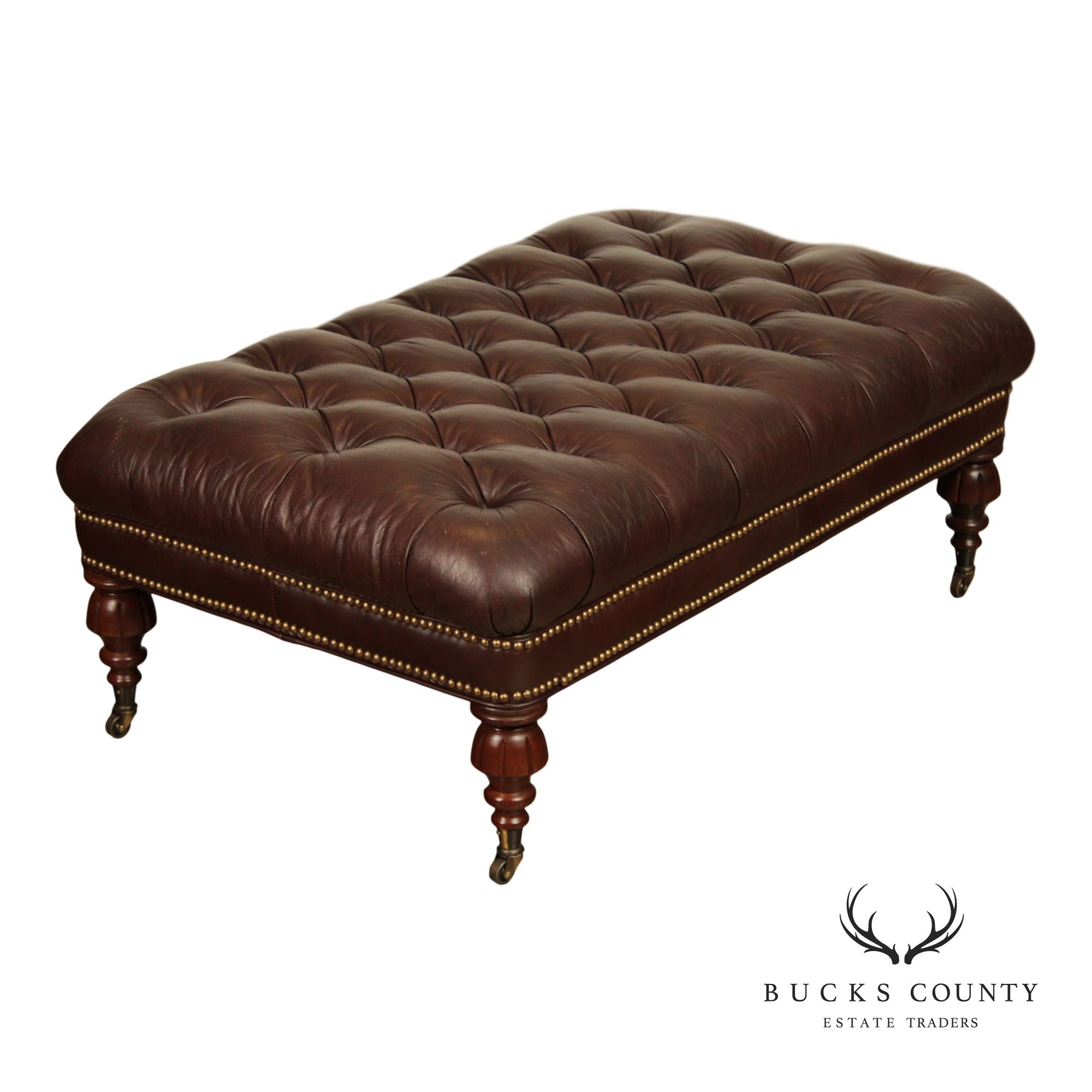 English Regency Style Tufted Leather Cocktail Ottoman On Turned Legs