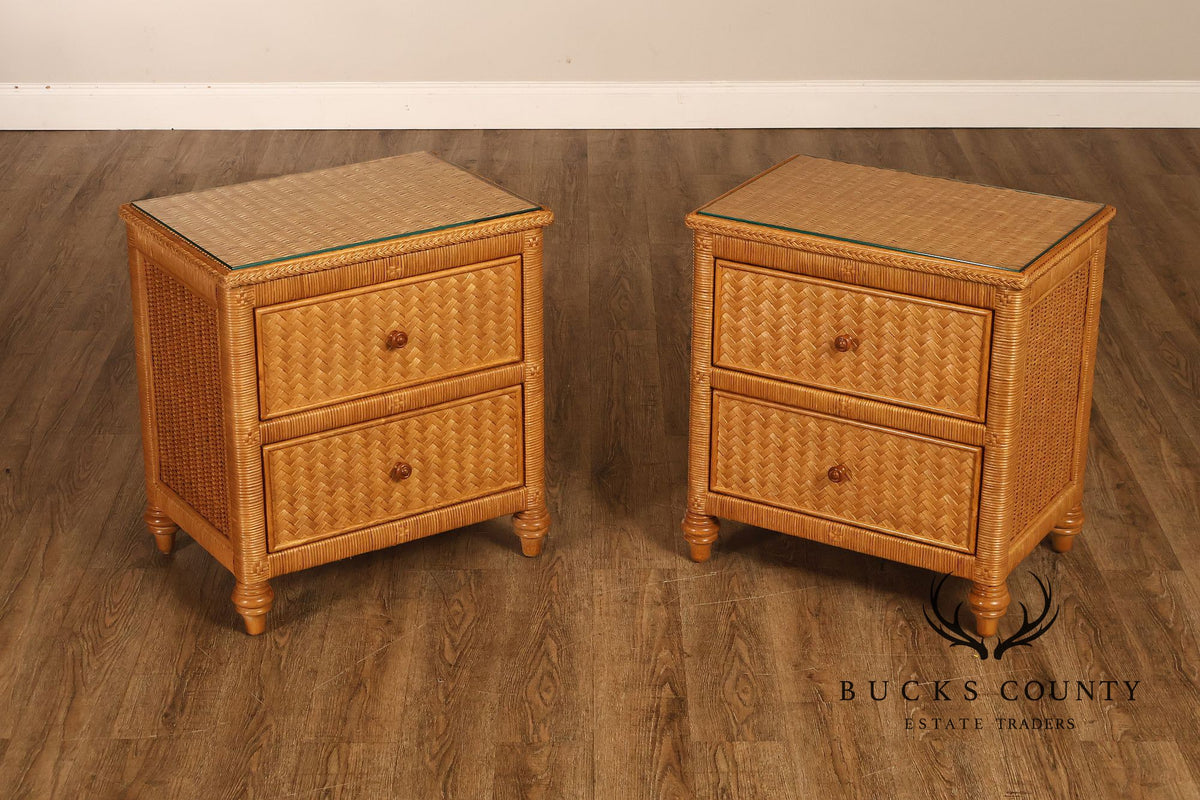 Coastal Style Pair Of Wicker And Cane Two Drawer Nightstands With Glass Tops