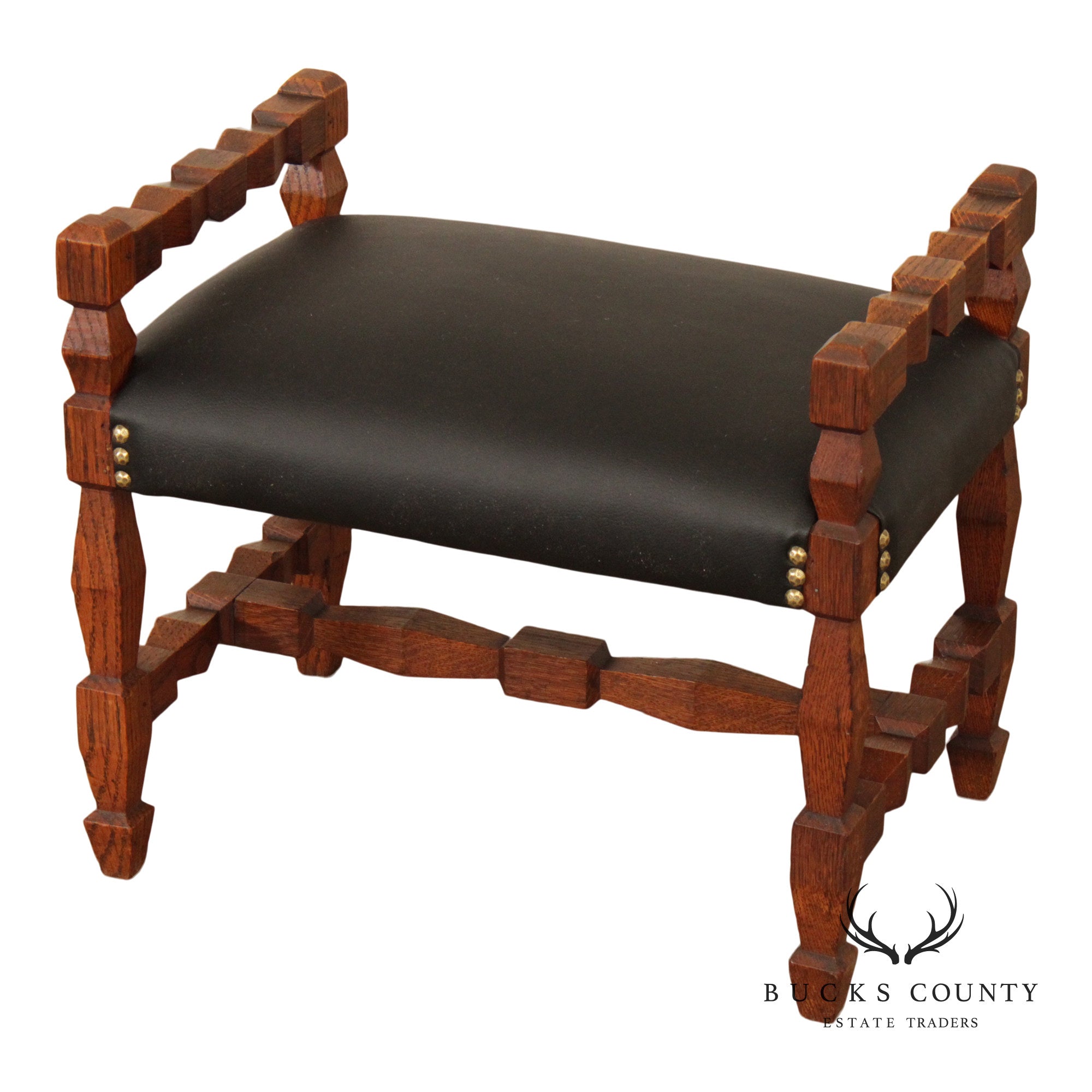 Unusual Antique Arts & Crafts Carved Oak Bench